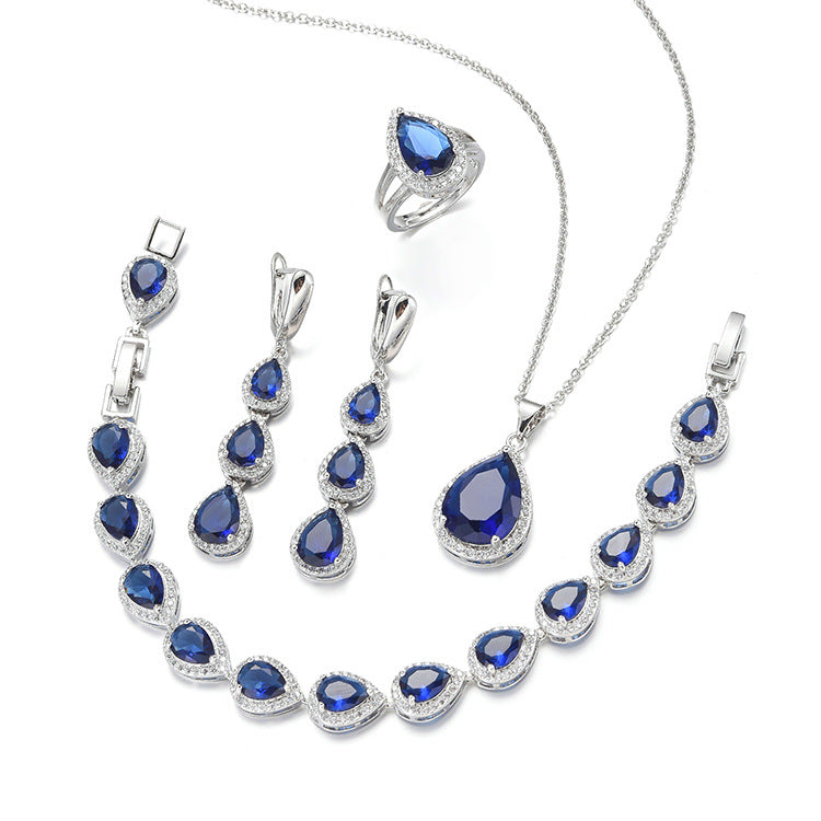 Water Drop Long Necklace Earring Ring Bracelet Ornament Suit