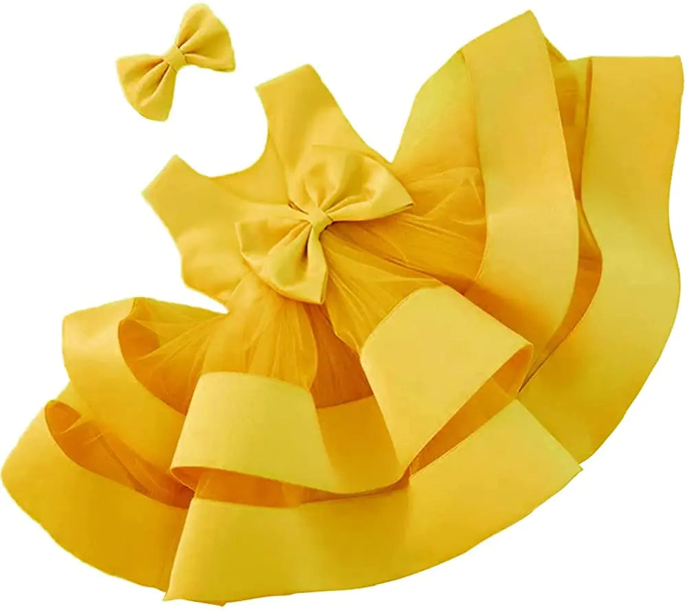 12M-18M Toddler Girl Bowknot Backless | Tutu Gown Ruffle Lace Tulle Pageant Dress | Baby Party Dresses with Headwear | Yellow 80 - # BAAA51110002