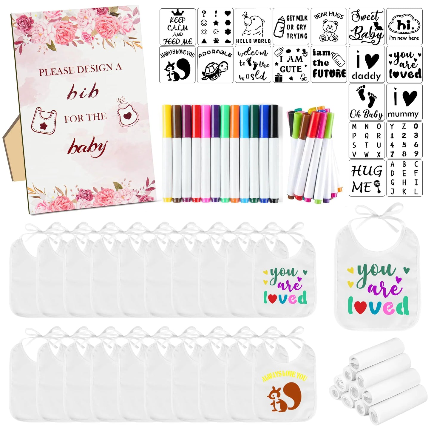 58 PCS DIY Baby Bibs Decorating Kit | Baby Shower Games | Includes 25 White Bibs & 20 Stencils & 12 Fabric Markers | 1 Baby Shower Game Sign | Baby Shower Game Gifts for Boys & Girls Gender Reveal Party (Red) - # BAAA21110037