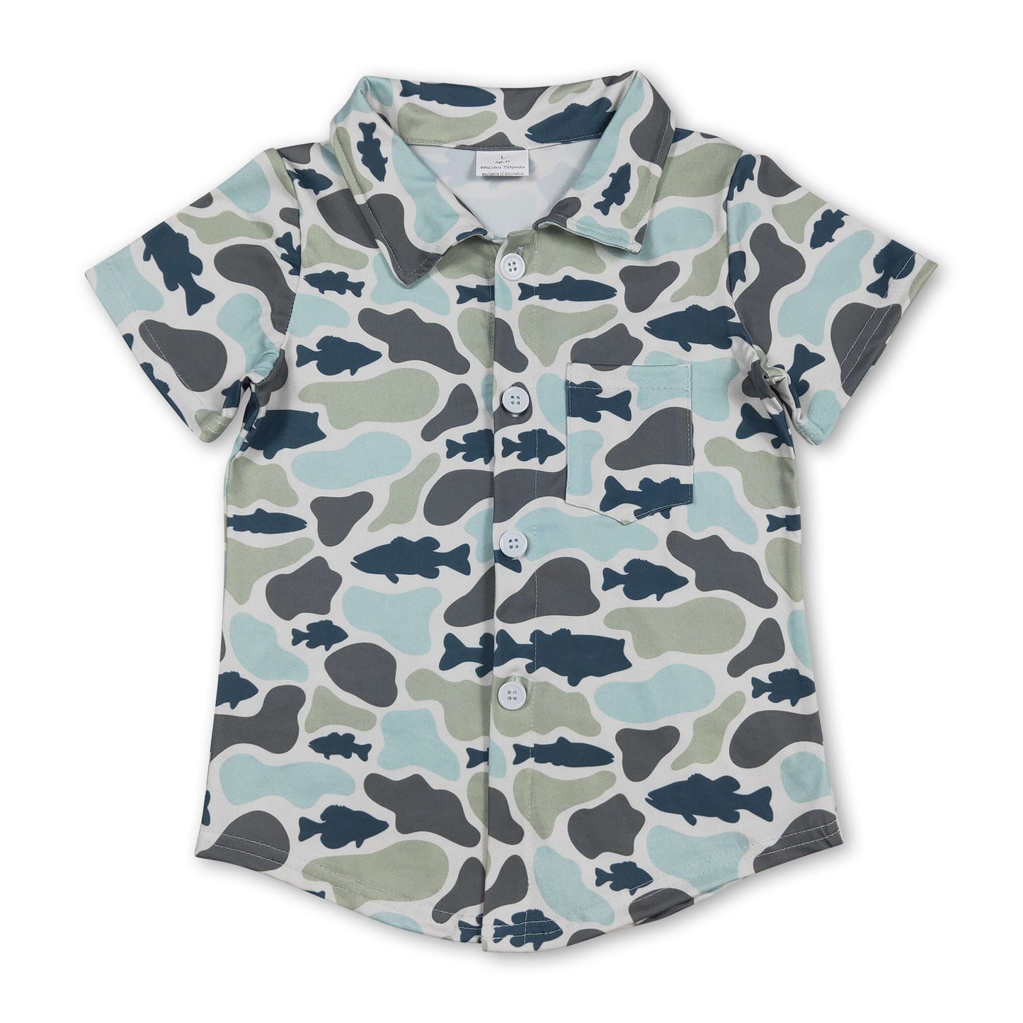 Short Sleeves Fish Camo Kids Boys Button Down Shirt