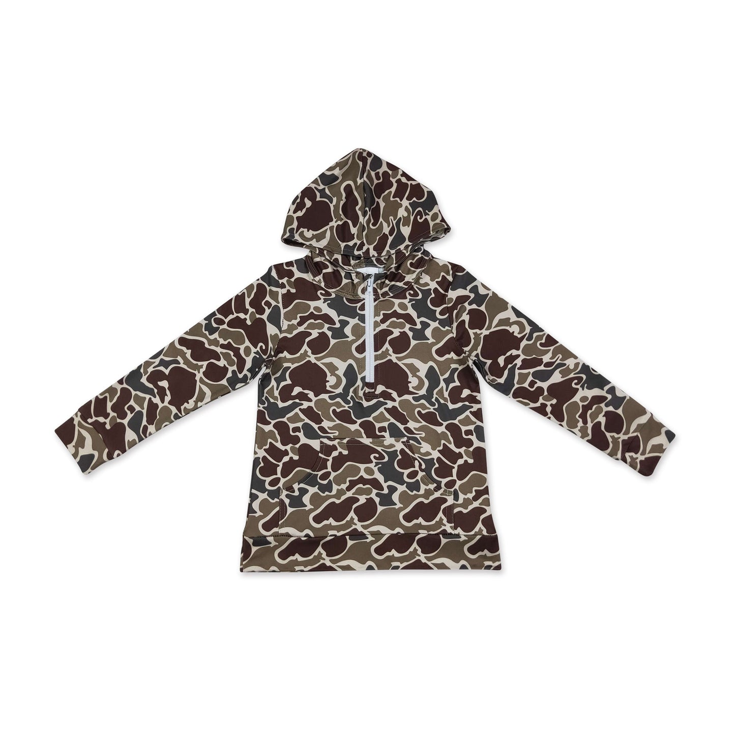 Long sleeves dark brown camo pocket zipper kids boys fall hoodie