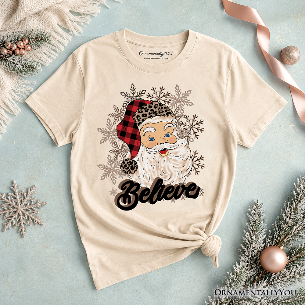 Kids Believe Santa Buffalo Plaid T-Shirt, Retro Christmas Youth Tee