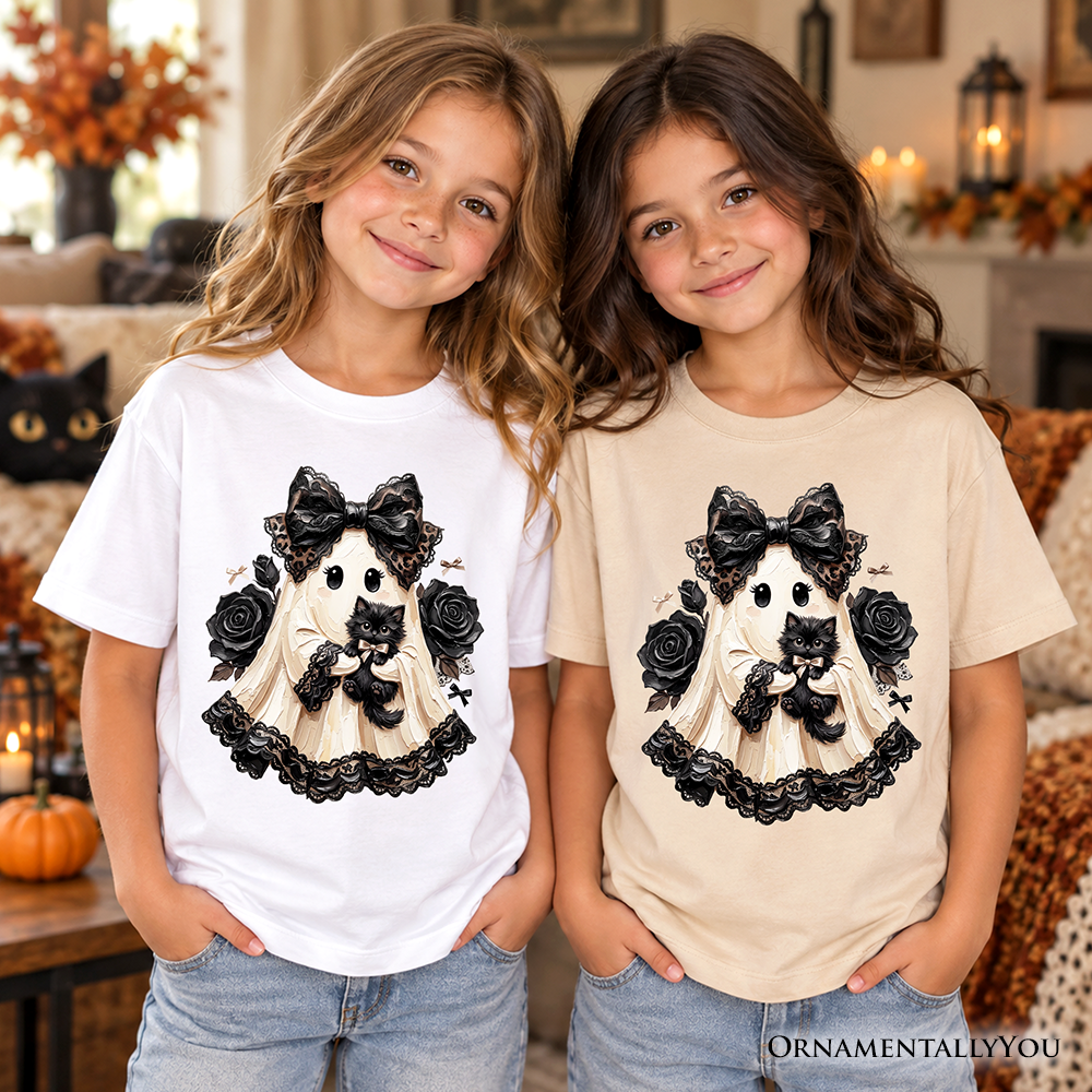 Kids Gothic Ghost with Black Cat T-Shirt, Black Rose Coquette Halloween Youth Tee