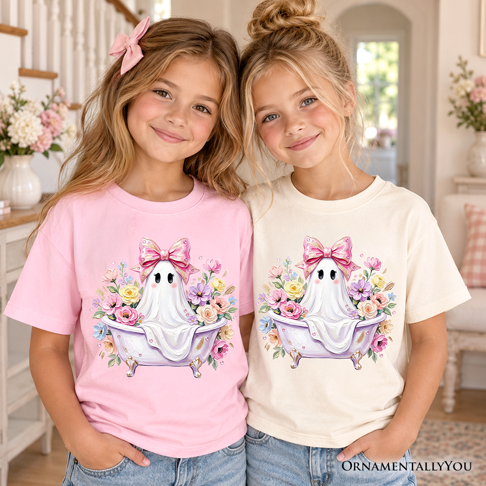 Kids Pink Bow Bathtub Ghost T-Shirt, Floral Coquette Halloween Youth Tee