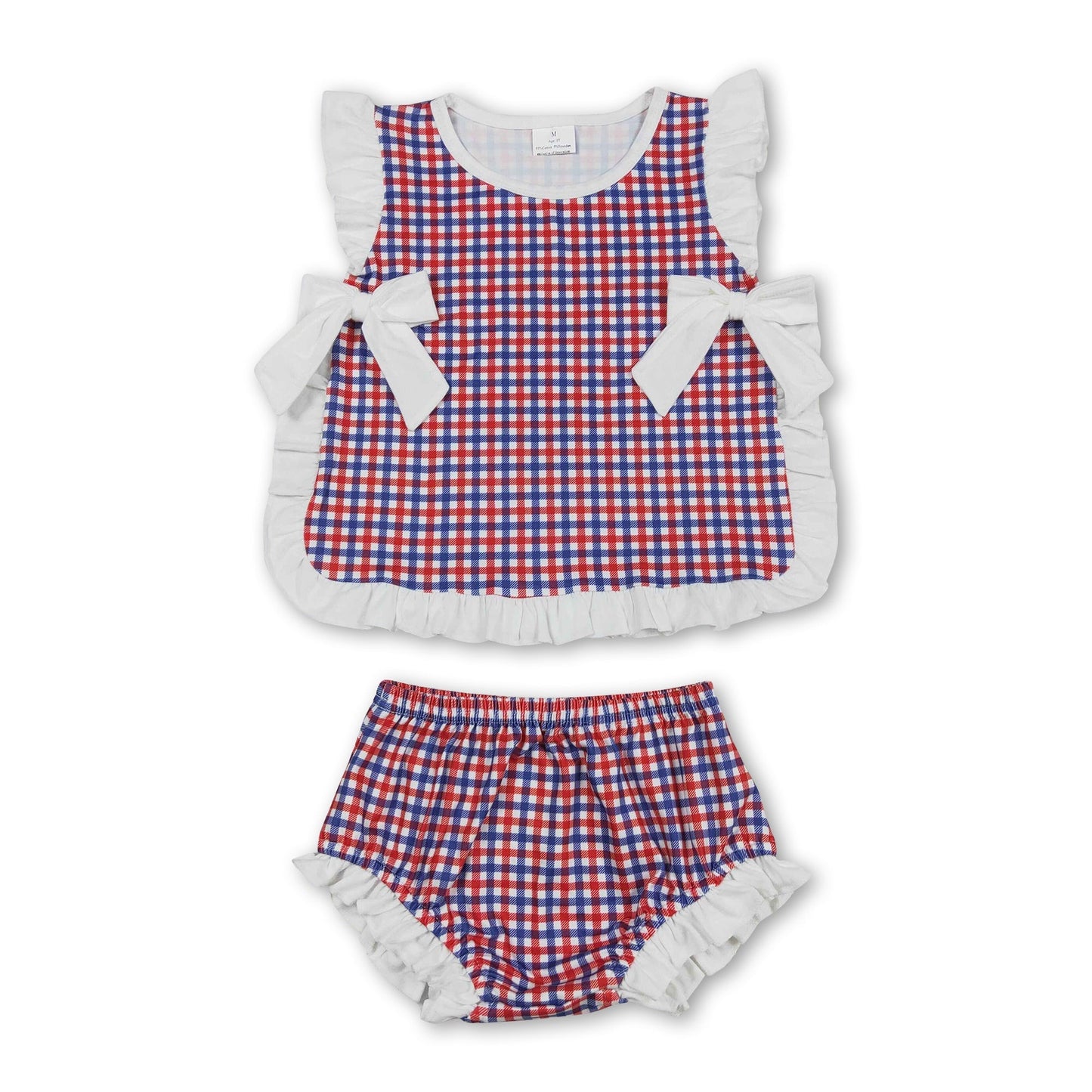 Ruffle red blue plaid baby girls 4th of july bummies set