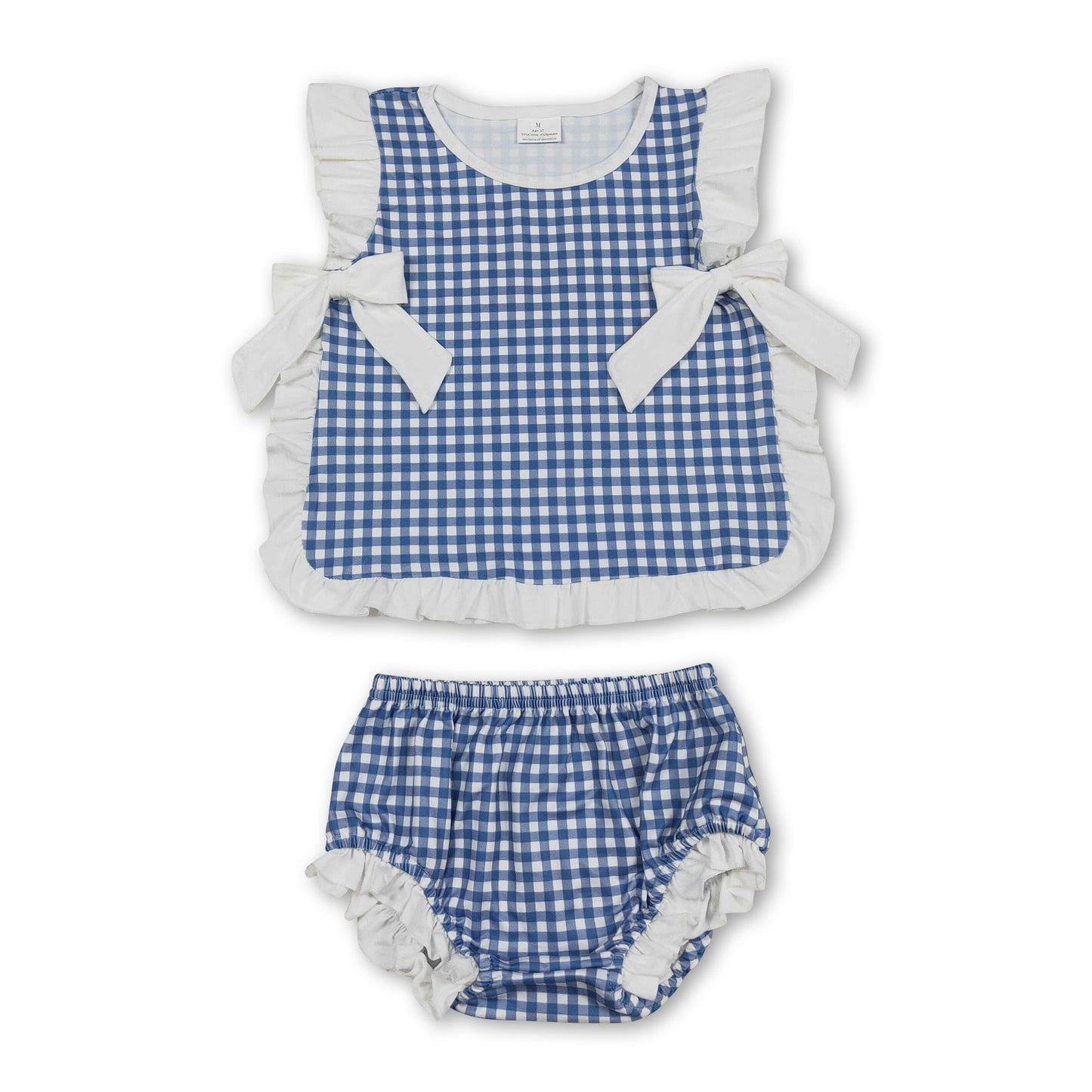 Ruffle bow blue plaid baby girls summer bummies set
