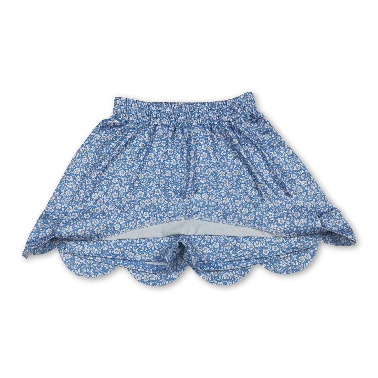 Blue floral elastic waist scallop kids girls skirts