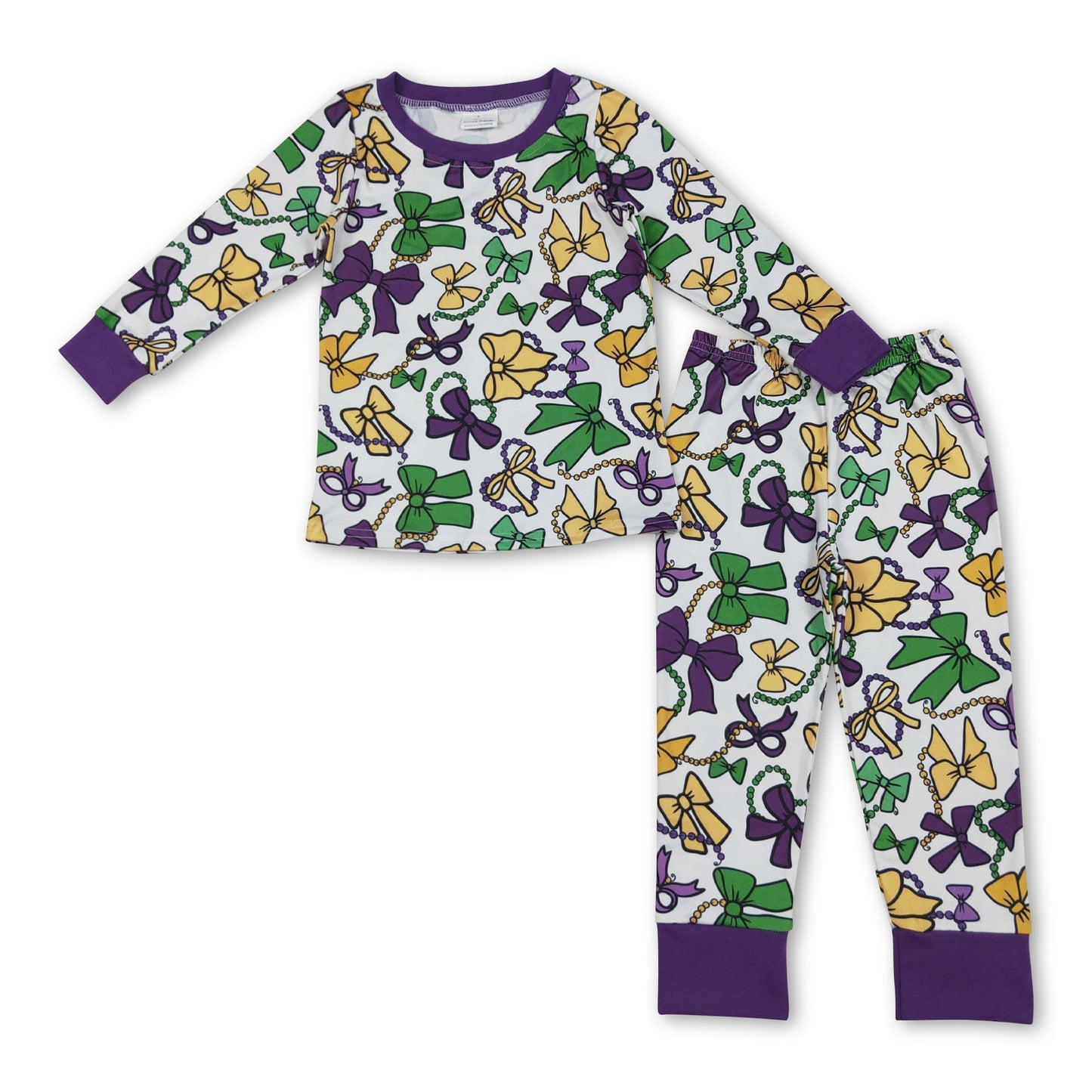 purple green yellow bows kids girls mardi gras pajamas
