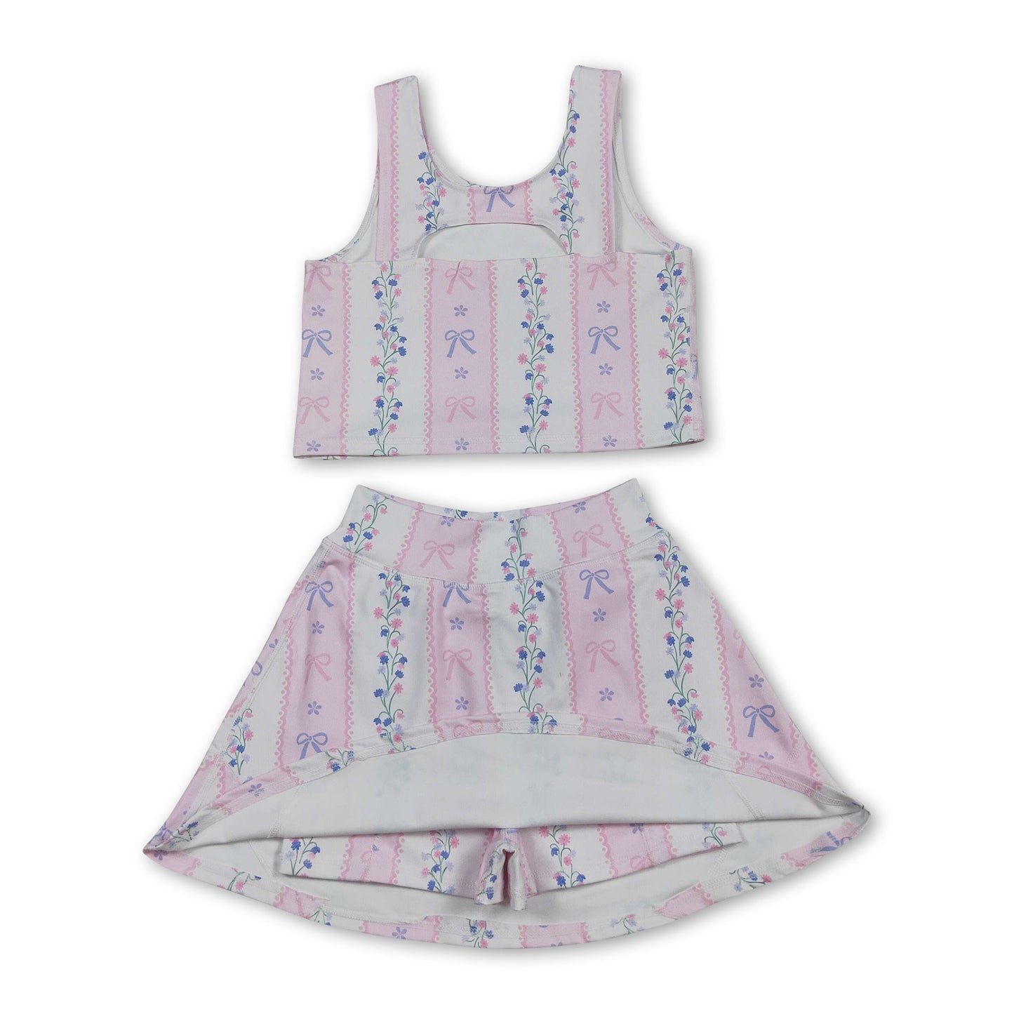 Sleeveless pink bow floral top skirt girls active wear set