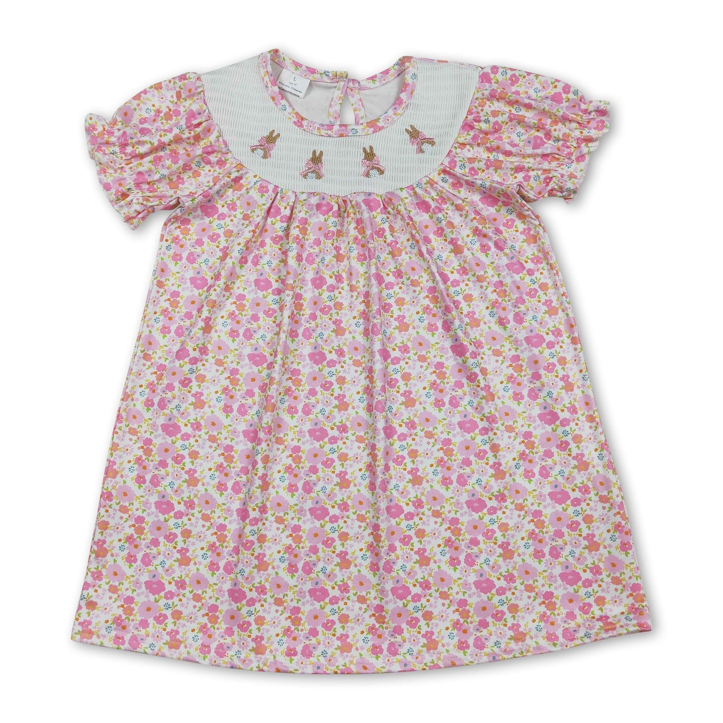 Short sleeves pink floral rabbit smocked girl Easter dress