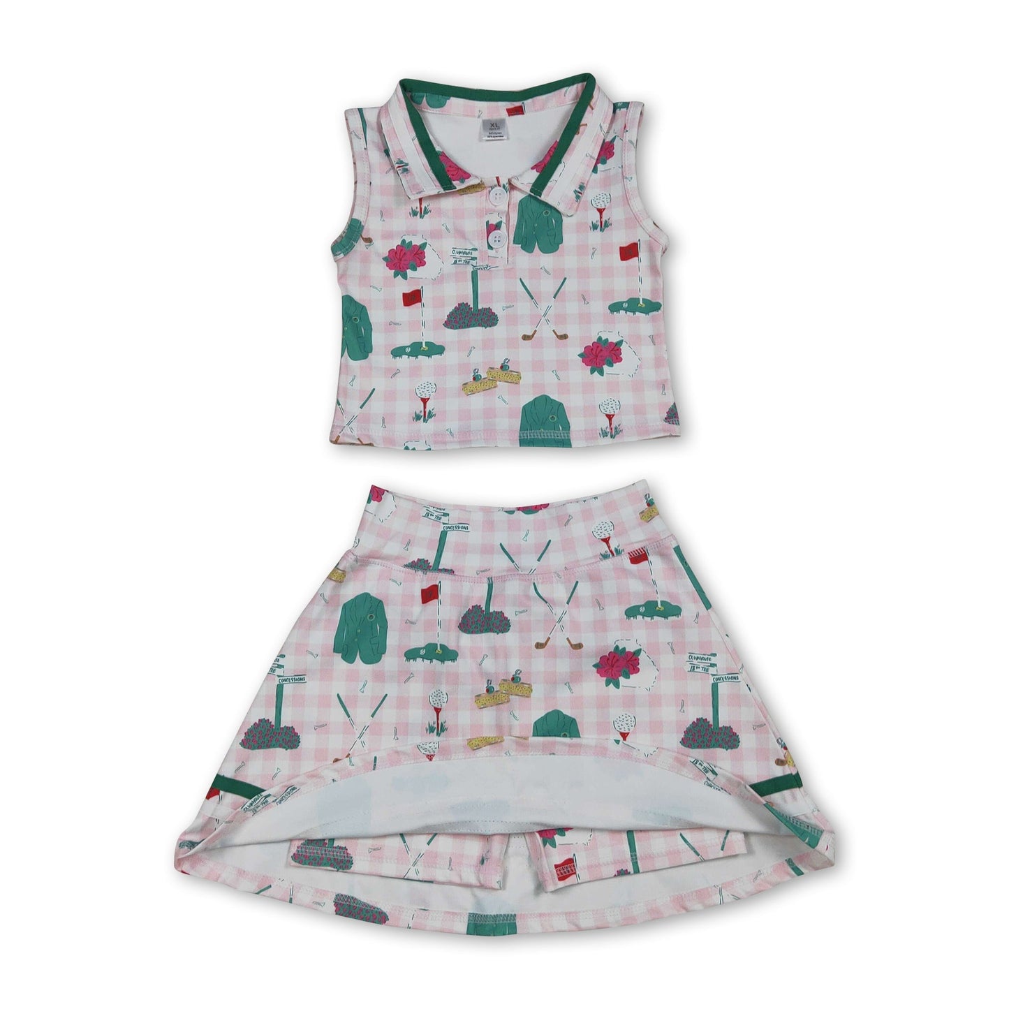 Sleeveless pink plaid golf polo shirt skirt girls active yoga set