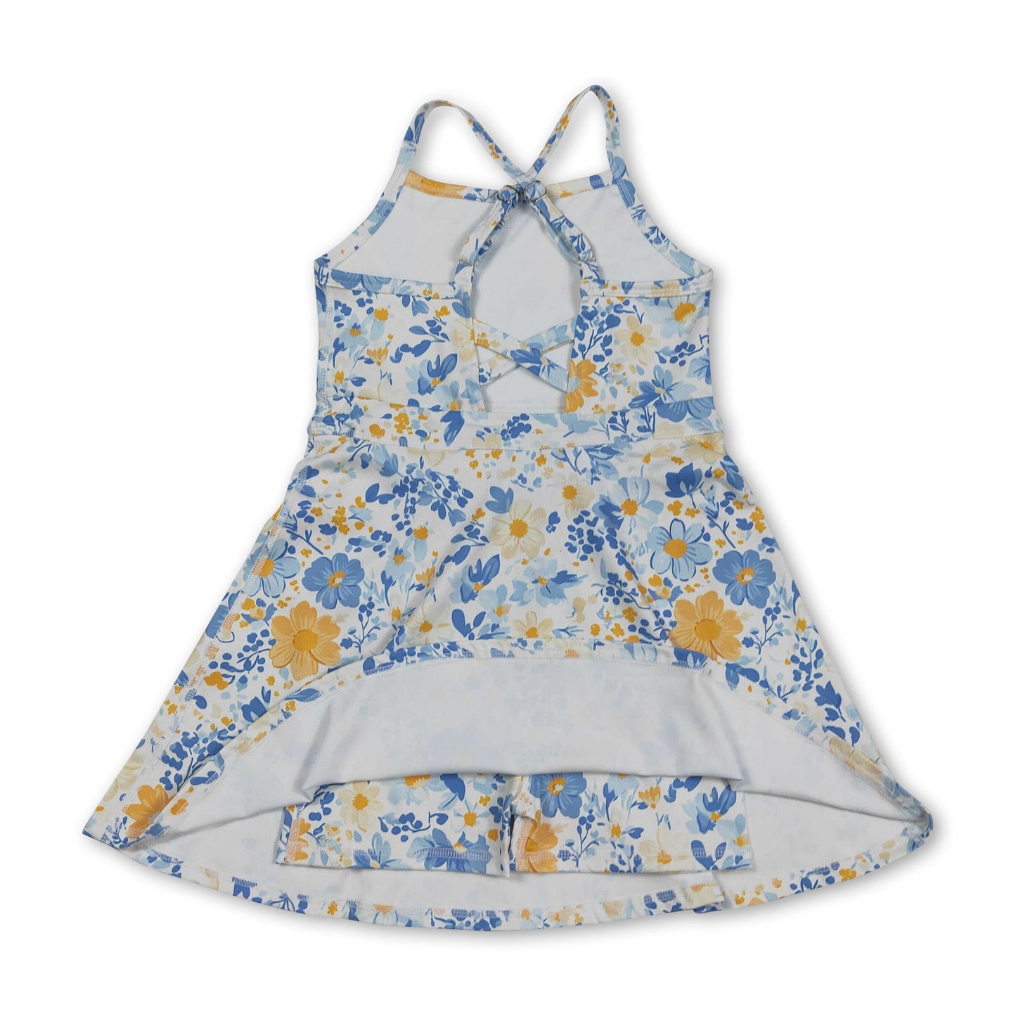 Straps blue yellow floral kids girls athletic dresses