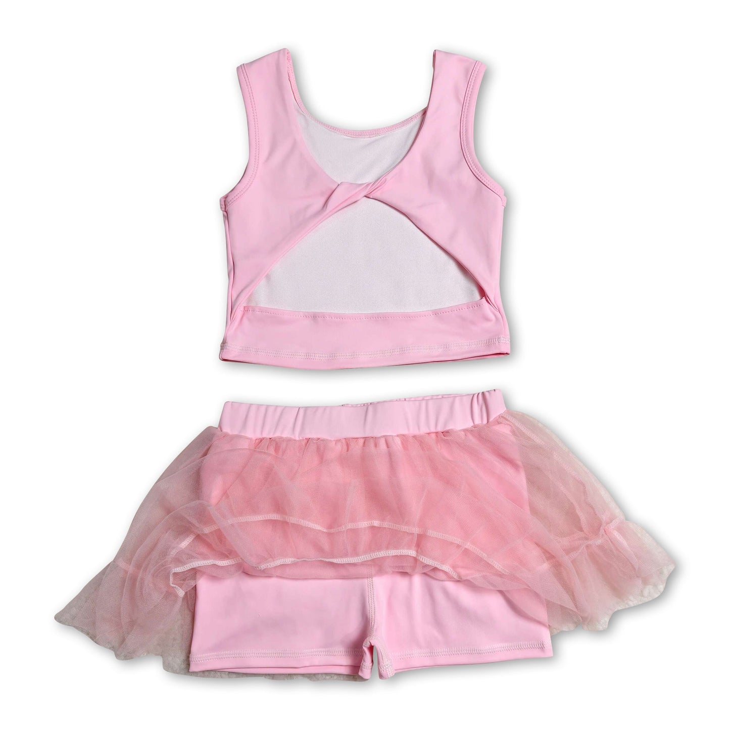 Pink sleeveless backless top tulle skirt girls active wear set