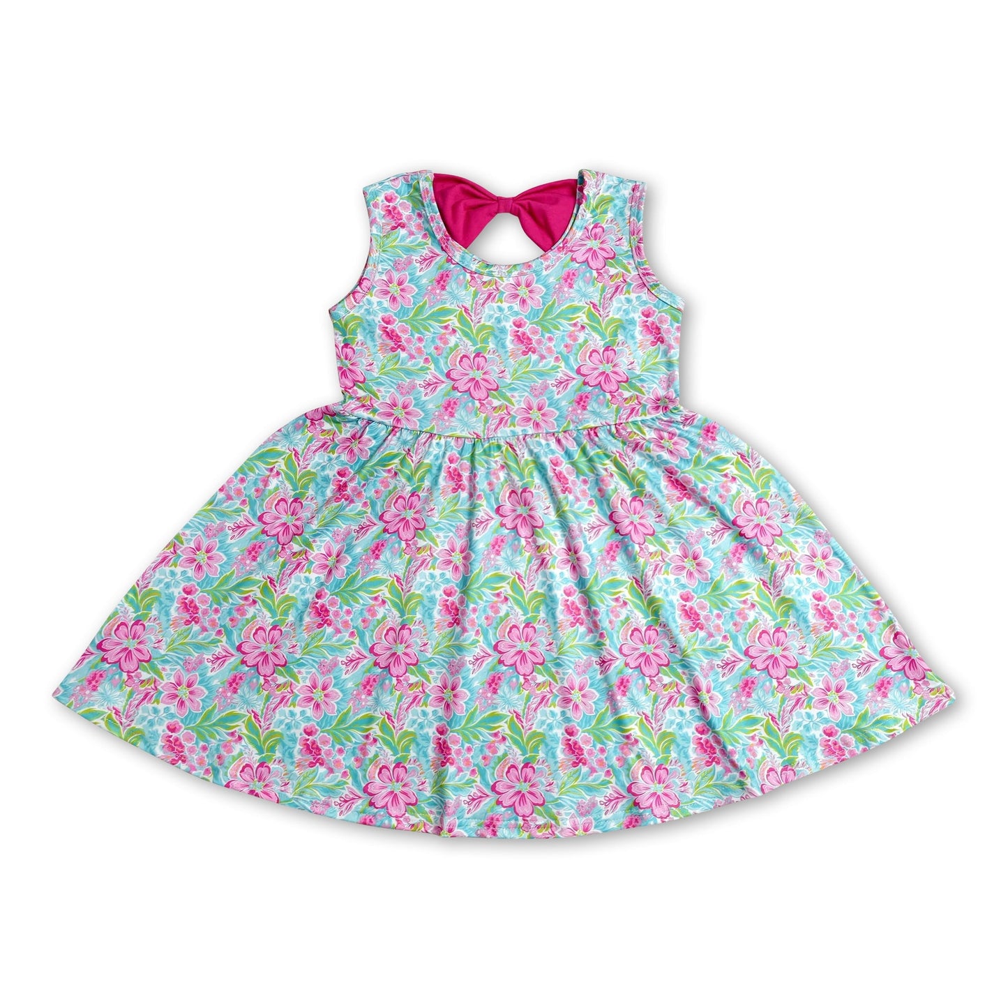 Sleeveless pink floral bow kids girls summer dress