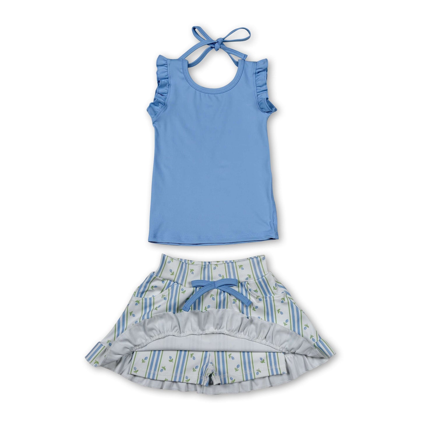 Sleeveless ruffle top floral stripe skirt girls active set