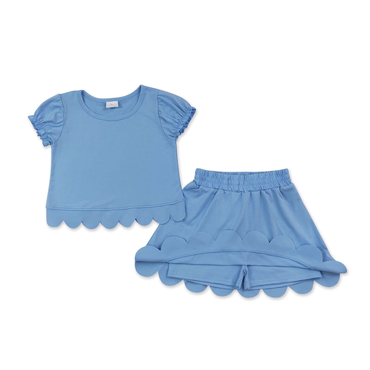 Light blue short sleeves scallop top skirt girls summer set