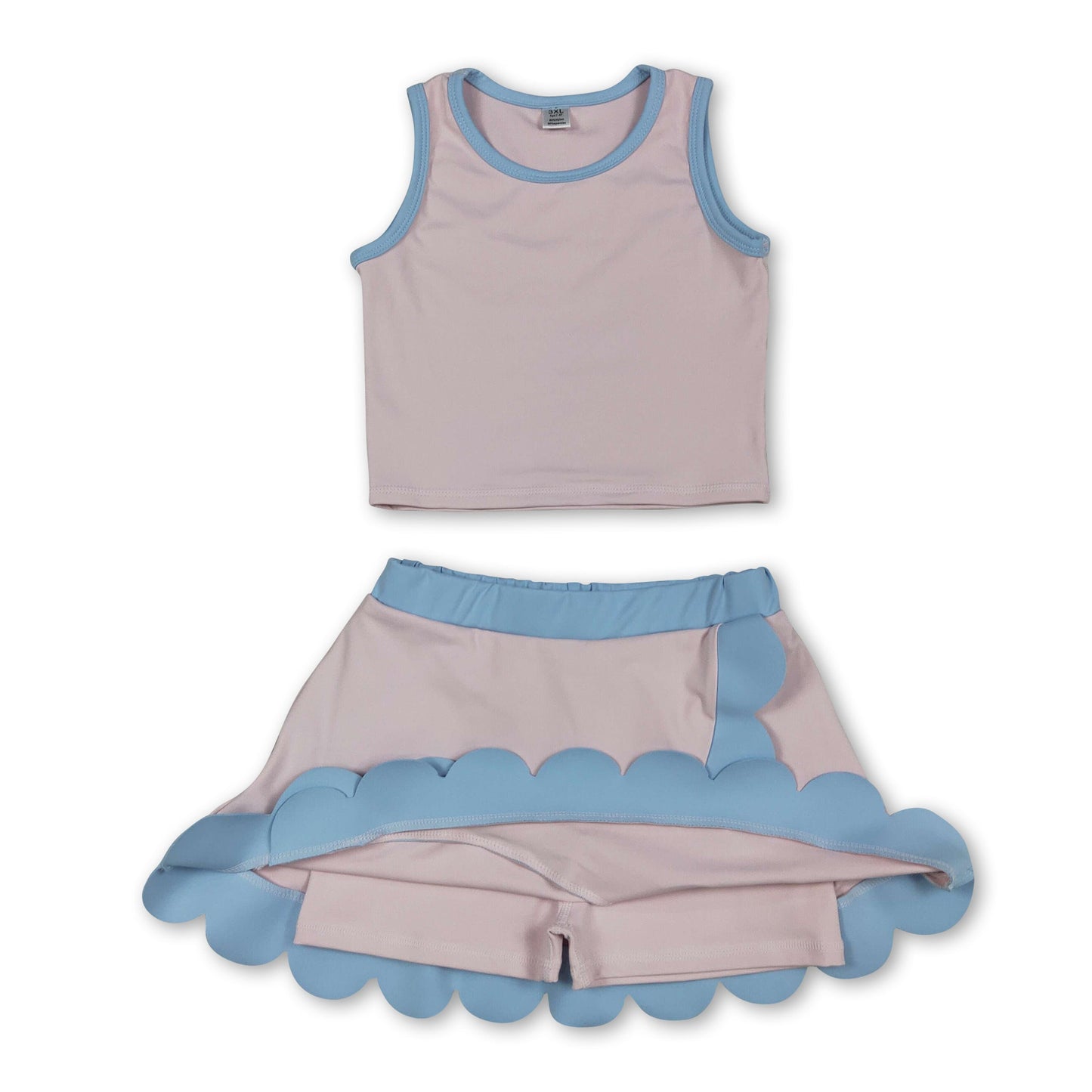 Sleeveless light pink blue scallop kids girls active wear set