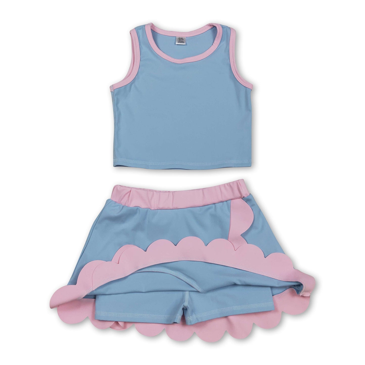 Sleeveless light blue pink scallop kids girls active wear set