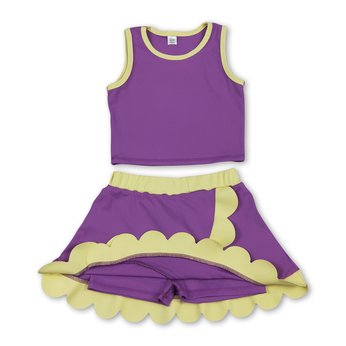 Sleeveless purple yellow scallop girls team active wear set