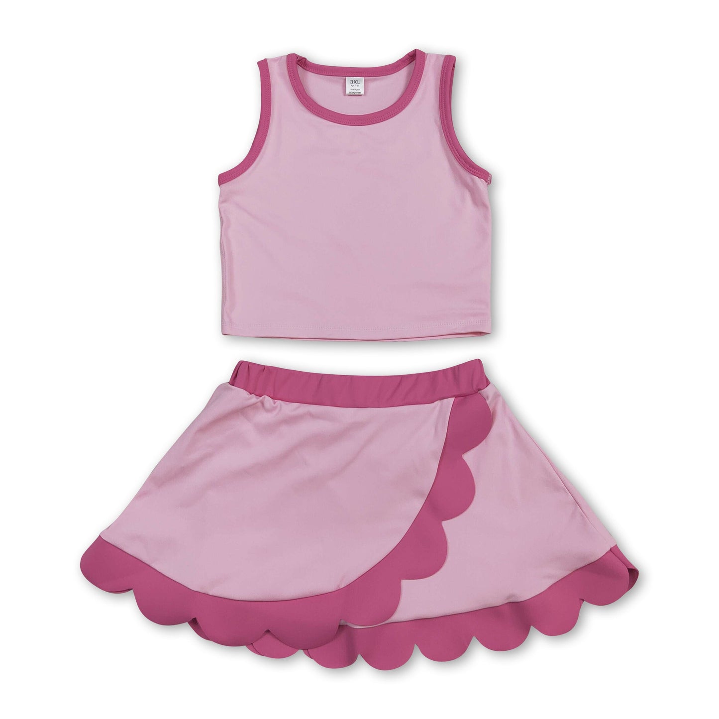 Sleeveless pink hot pink scallop kids girls active wear set