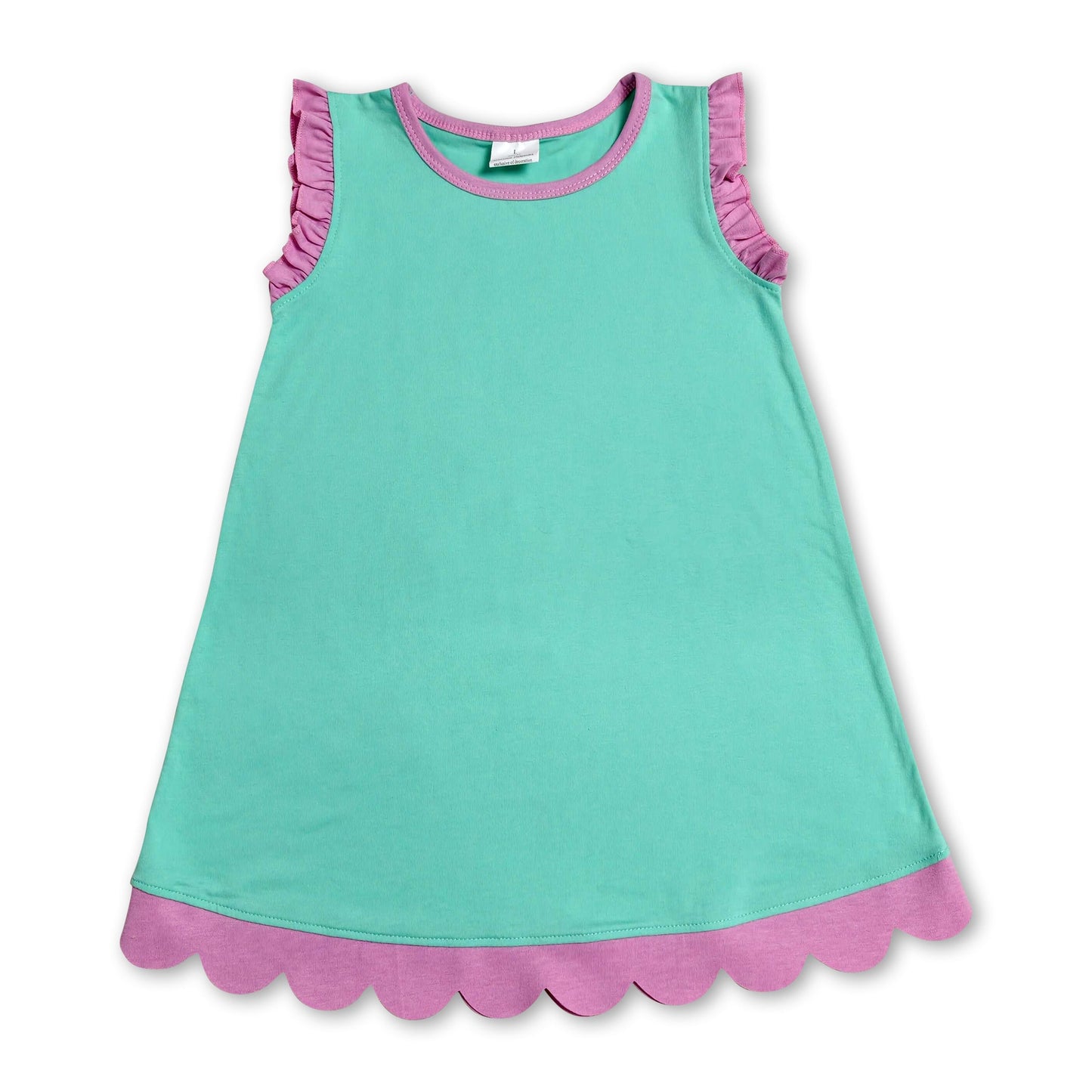 Pink scallop ruffle sleeveless mint girls cotton dress