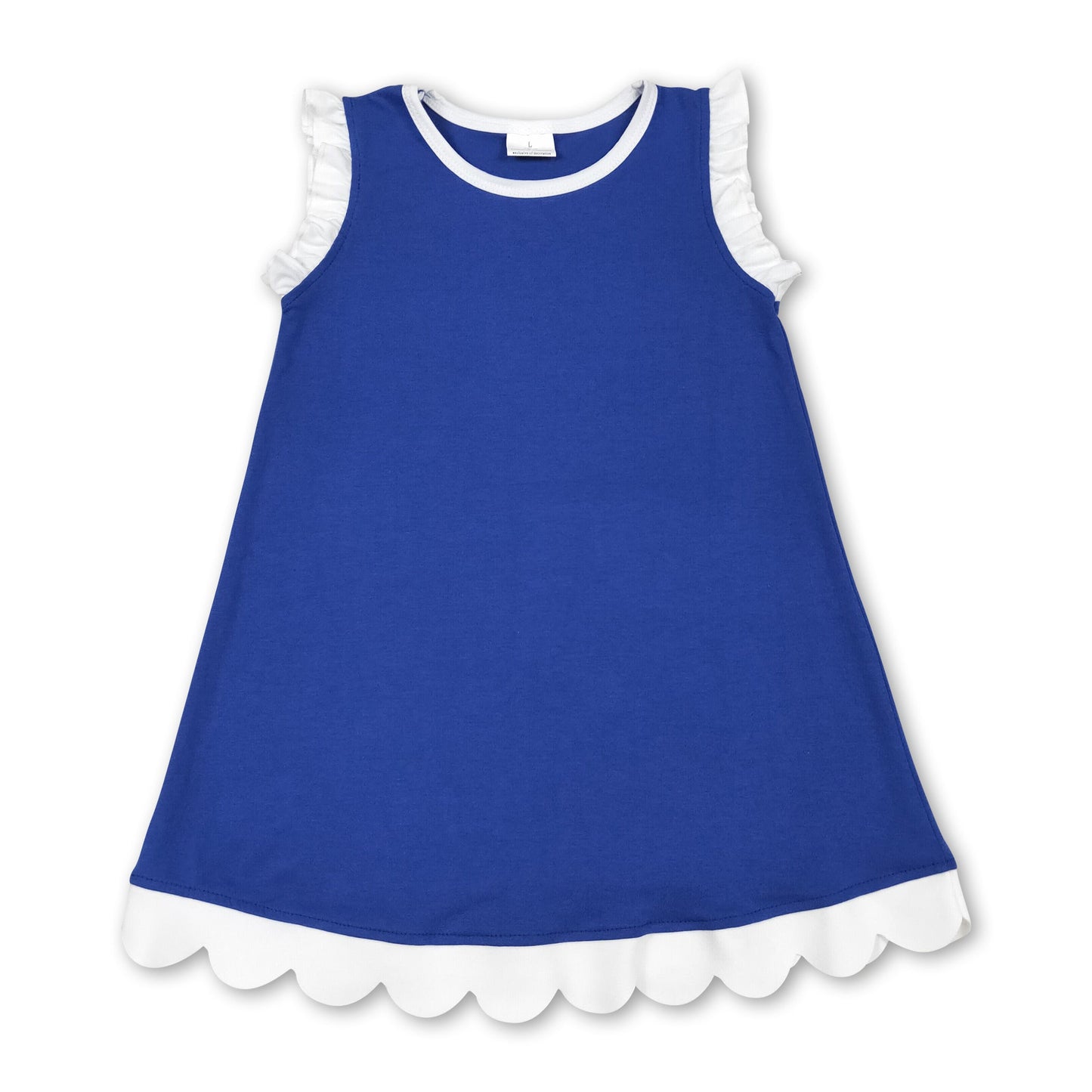 White scallop ruffle sleeveless blue girls cotton team dress