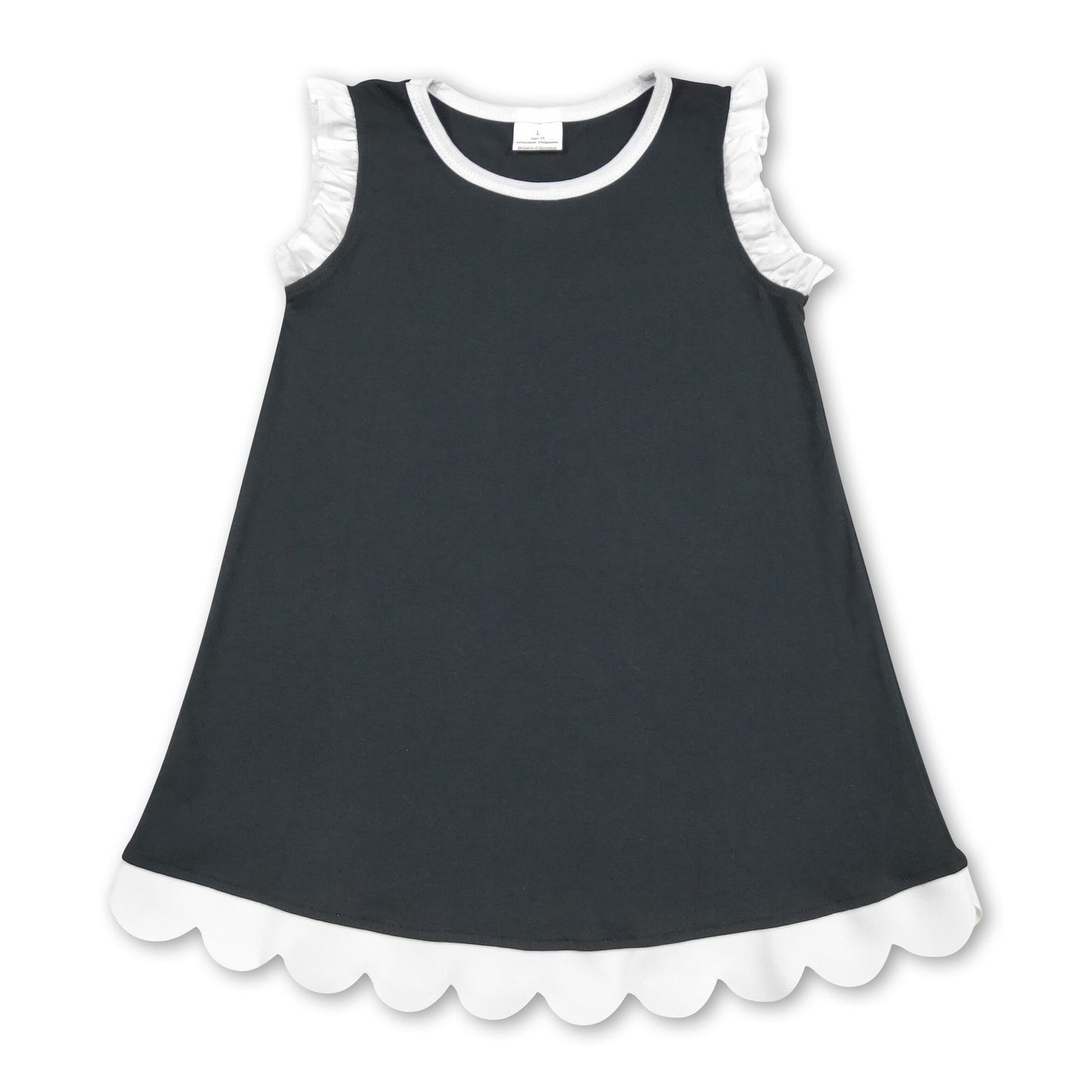 White scallop ruffle sleeveless black girls cotton dress