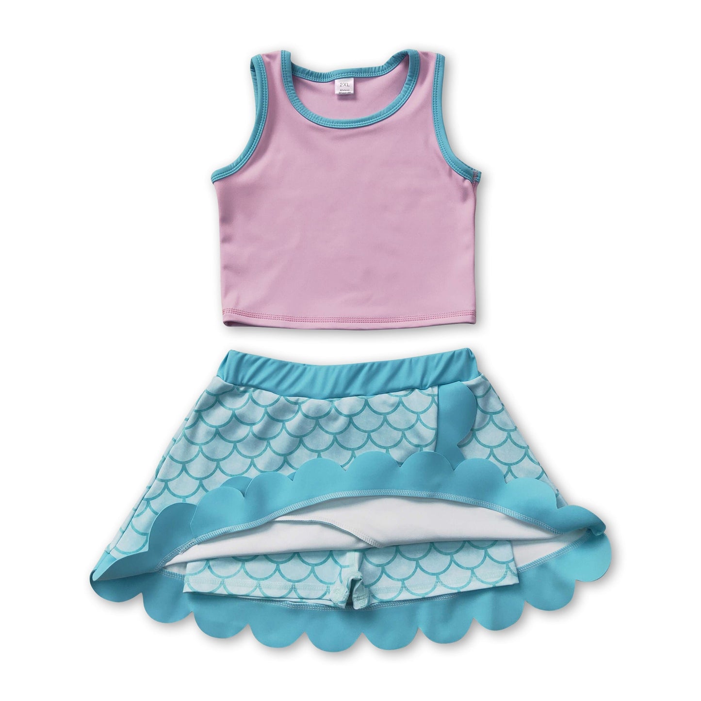 Sleeveless scallop mermaid scale girls active wear set
