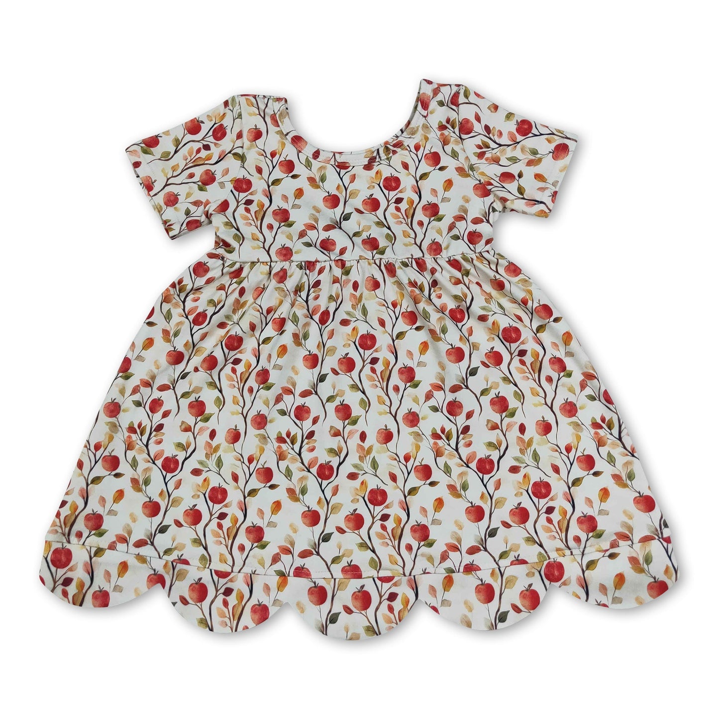Short sleeves apple scallop kids girls back to school dress