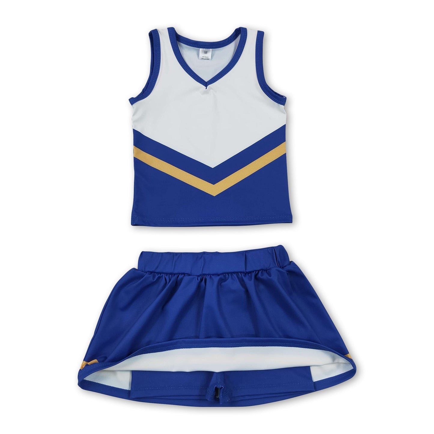 Sleeveless gold blue top skirt girls team cheer active set