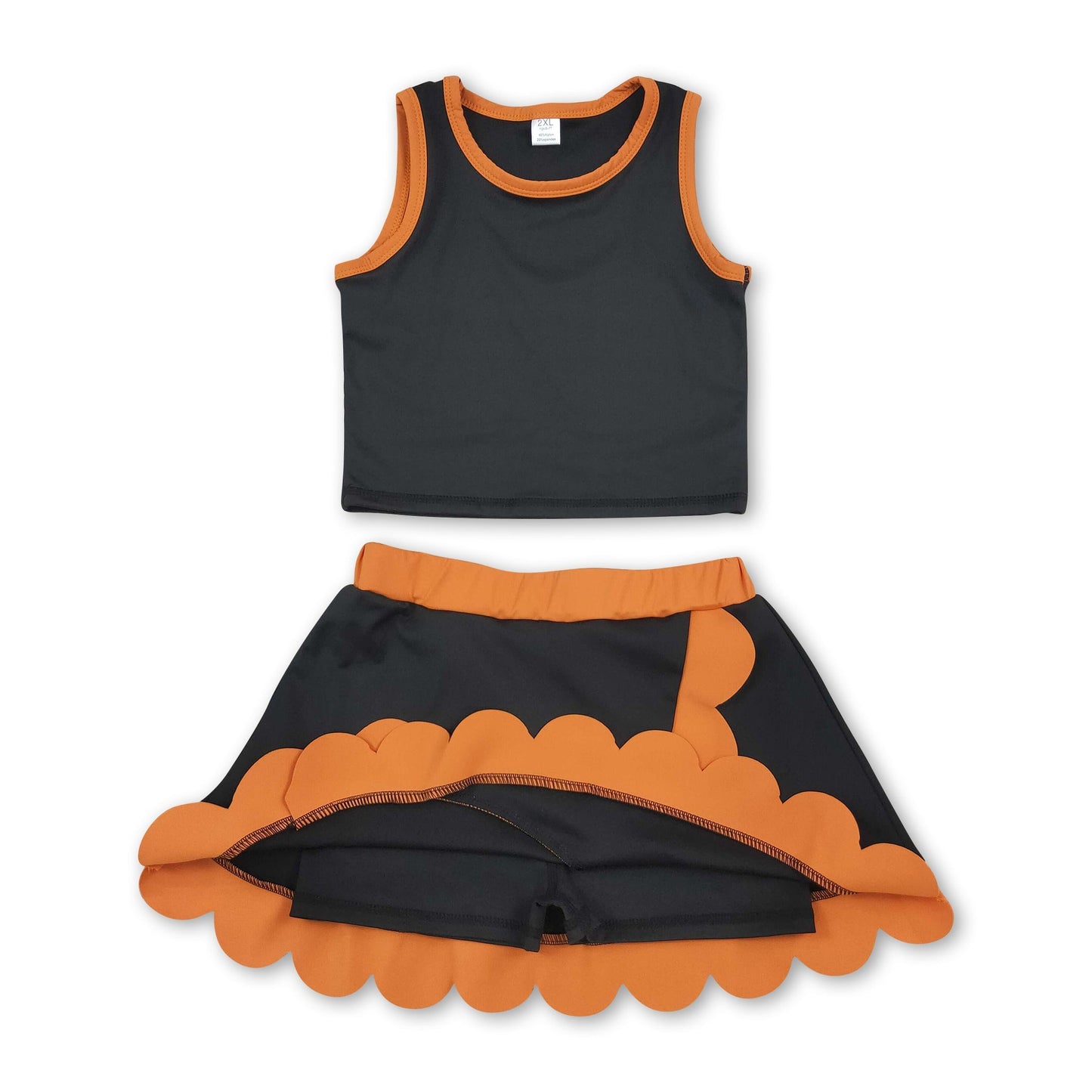 Sleeveless black top orange scallop girls active wear set