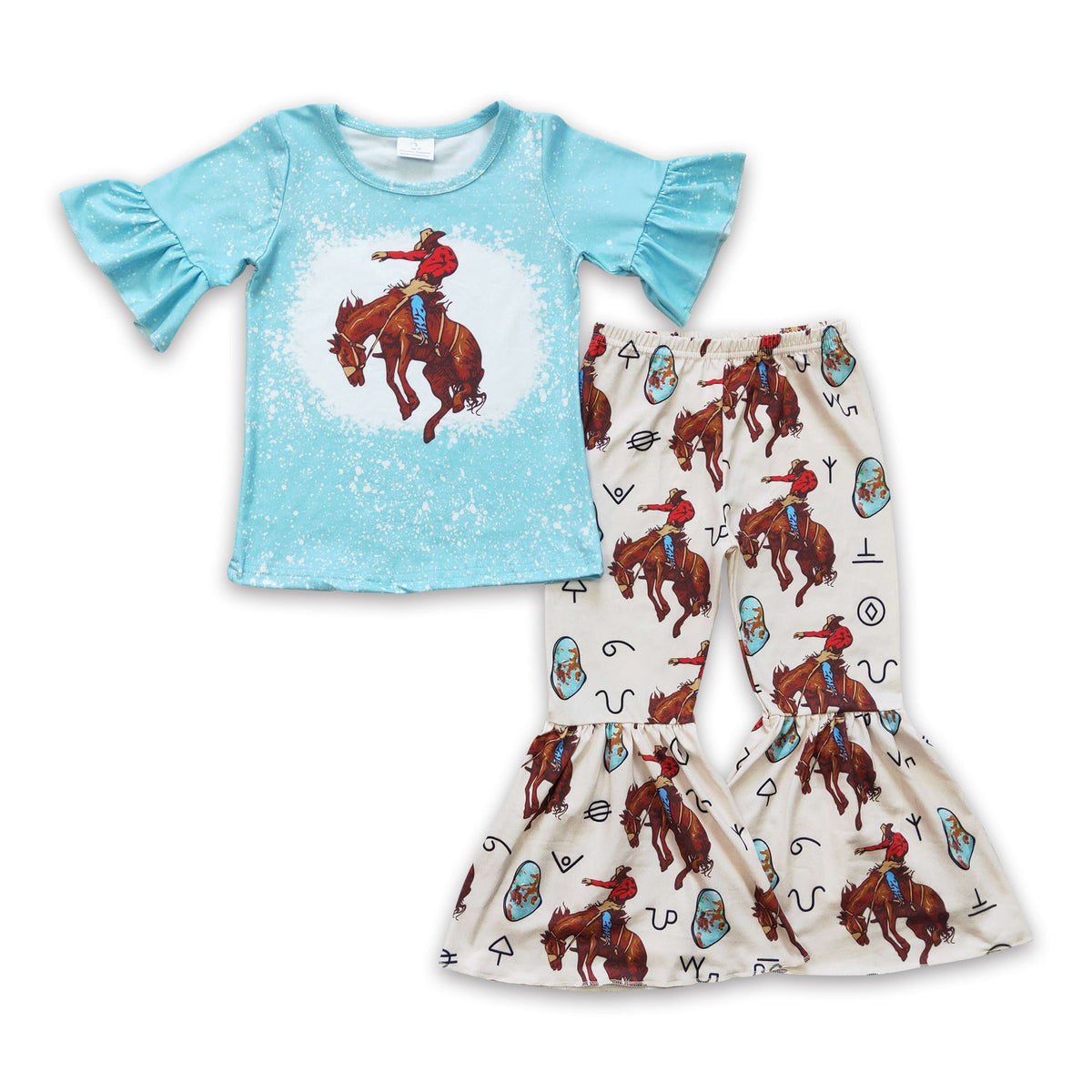 Horse-Print Top & Bell-Bottom Pants Set