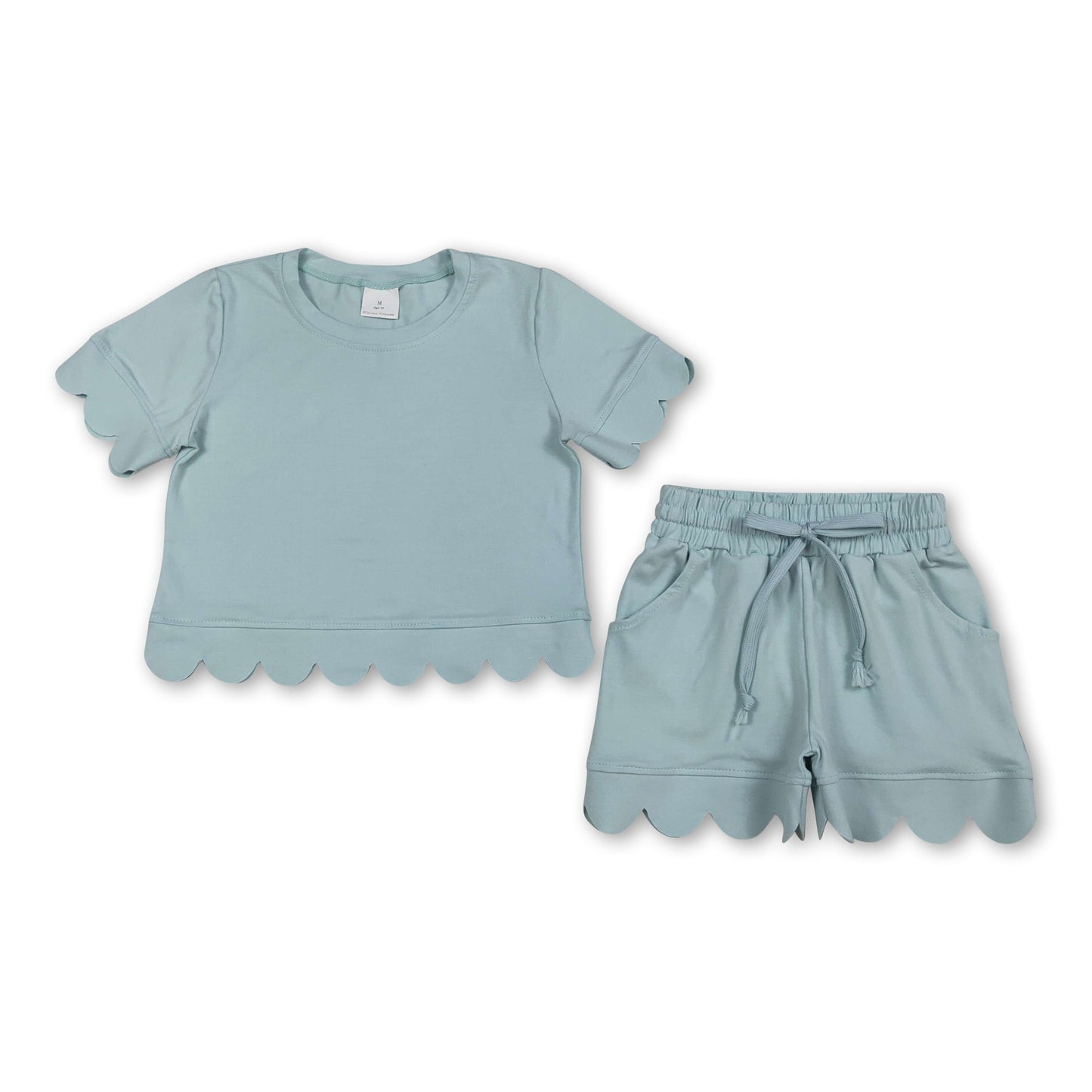 Short sleeves sky blue scallop top shorts girls summer outfit