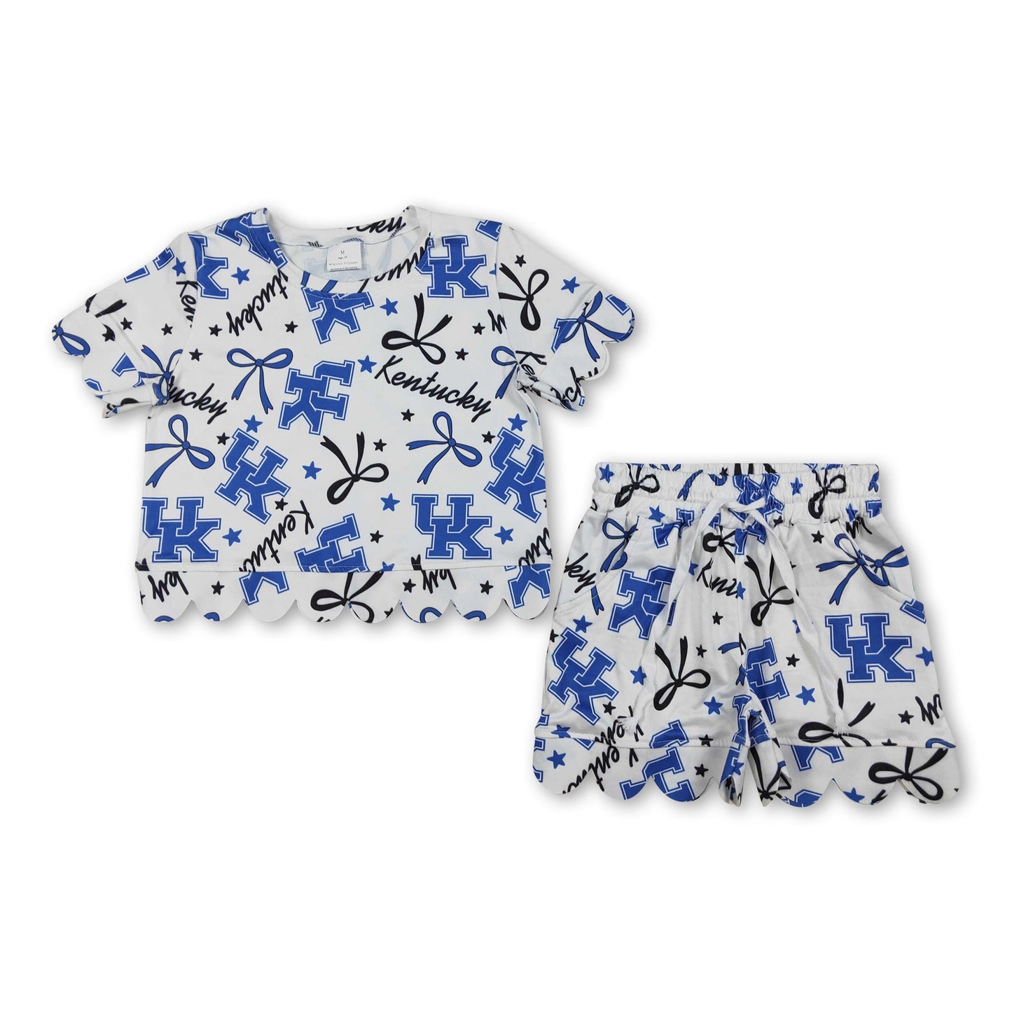 Short sleeves blue U K bow scallop girls team outfits