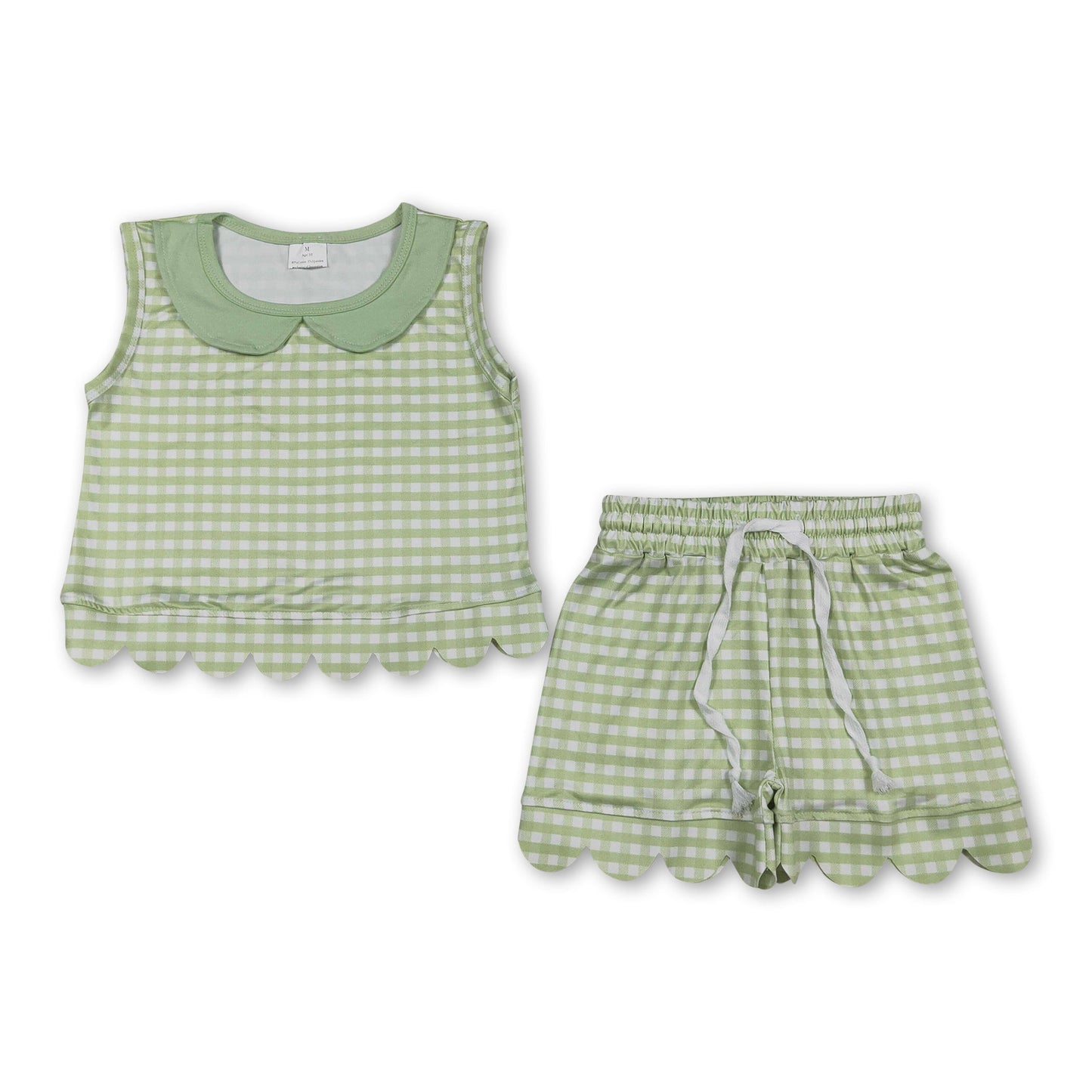 Sleeveless green plaid scallop top shorts girls outfits