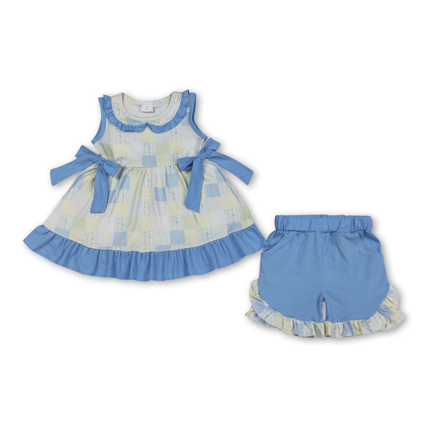 Sleeveless bow patchwork plaid tunic shorts girls outfits
