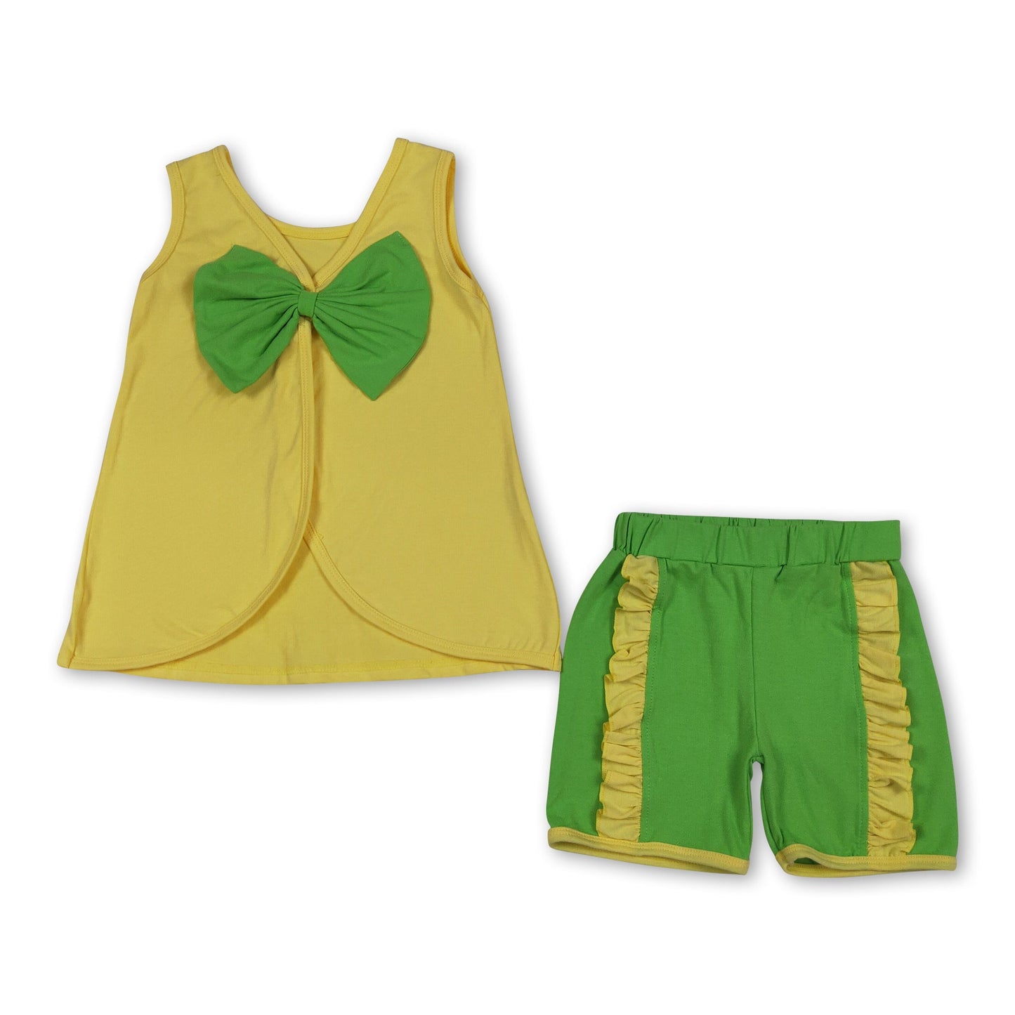 Sleeveless bow yellow purple blue shorts girls summer outfits