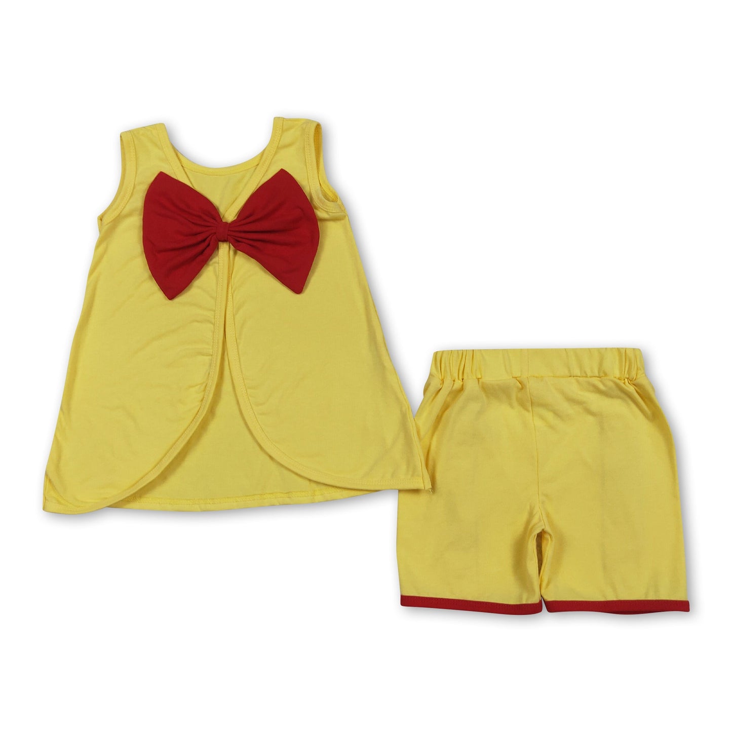 Sleeveless red bow top yellow shorts princess girls outfits