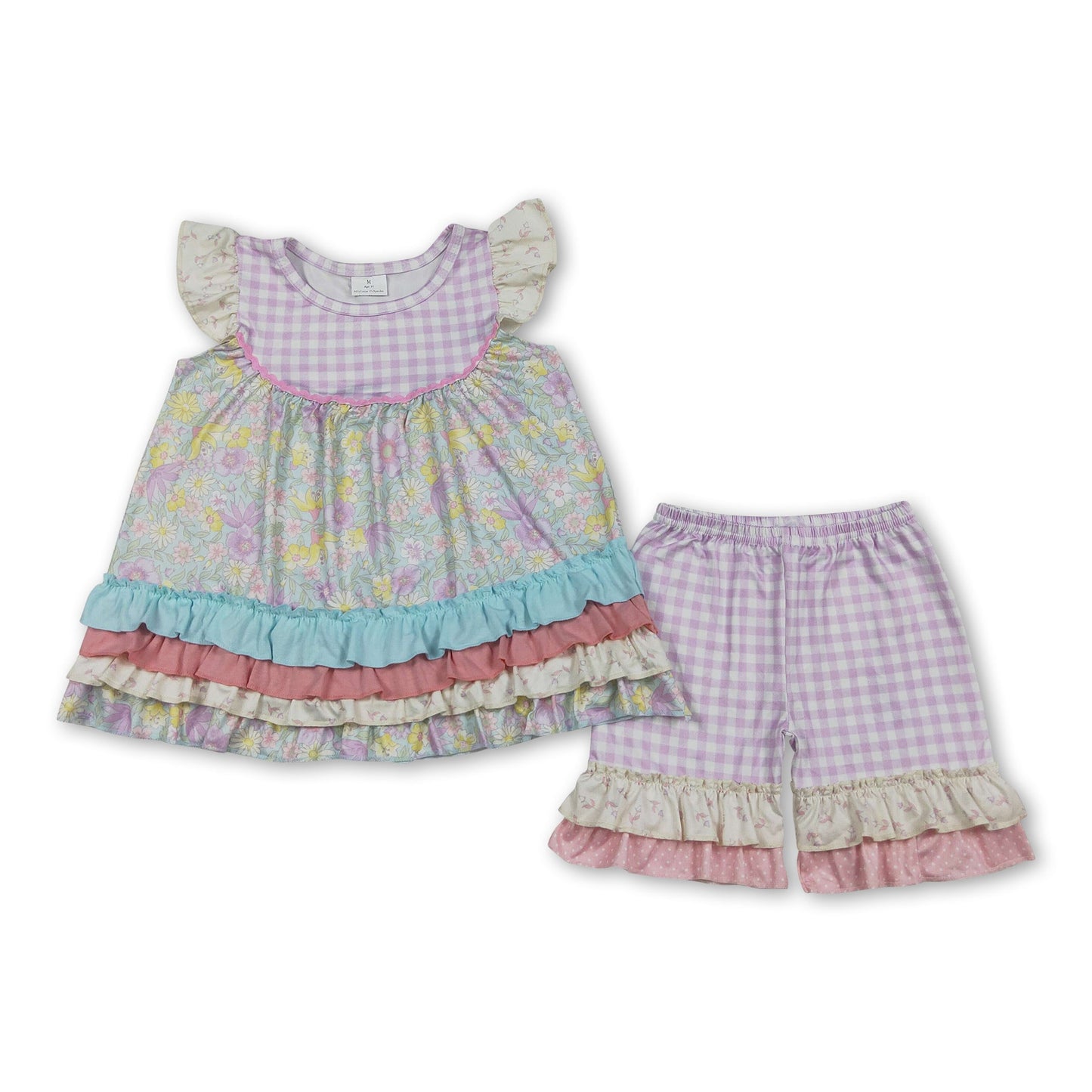 Flutter sleeves floral ruffle tunic plaid shorts girls outfits