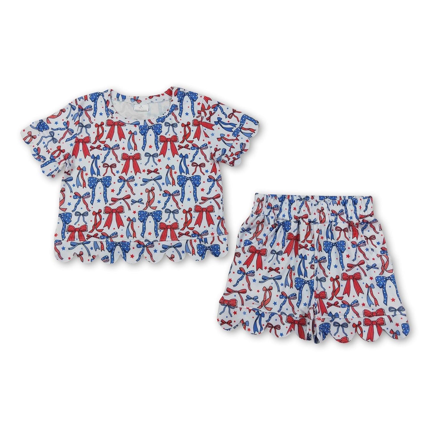 Short sleeves red blue bow scallop girls 4th of july outfits