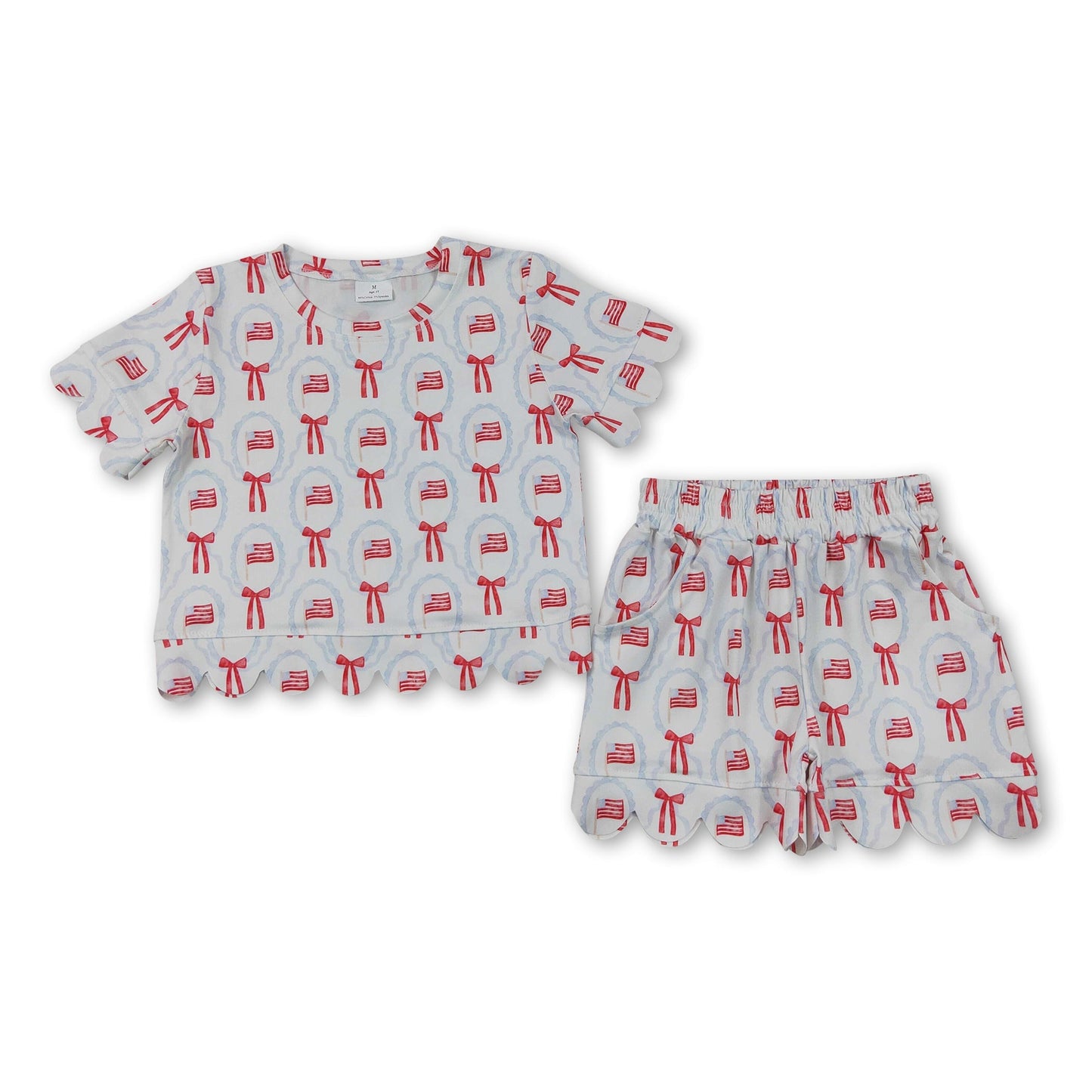 Short sleeves flag bow scallop girls 4th of july outfits
