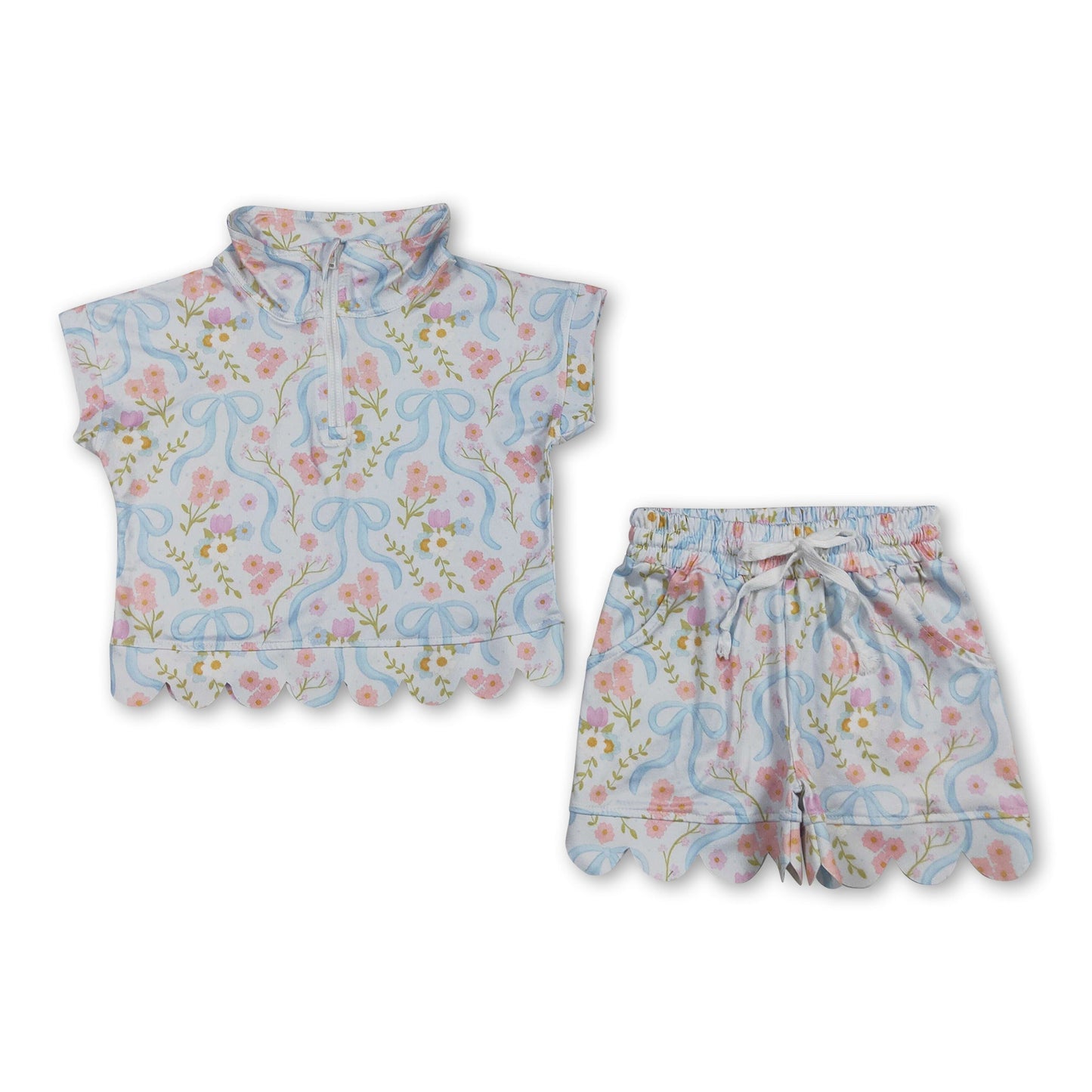 Short sleeves floral bow scallop pullover shorts girls outfits