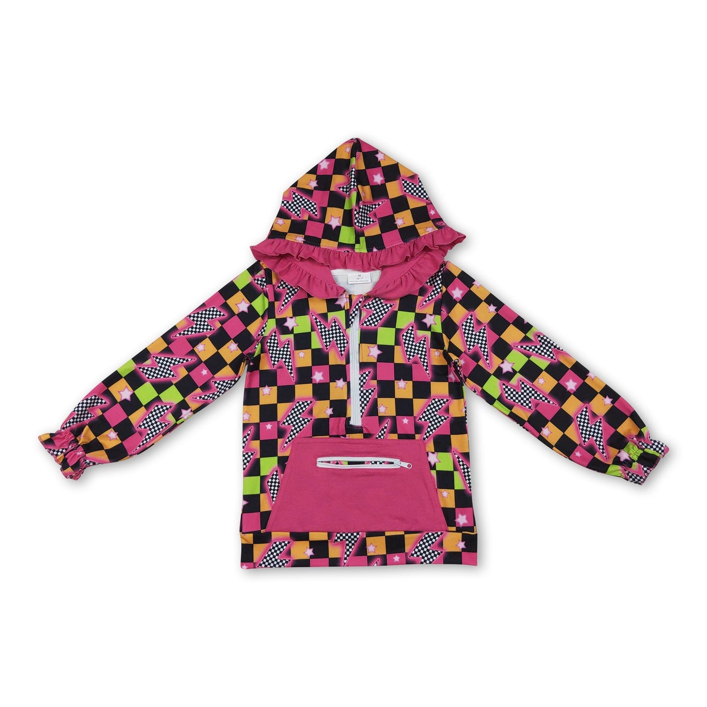 Long sleeves plaid thunder ruffle girls zipper hoodie