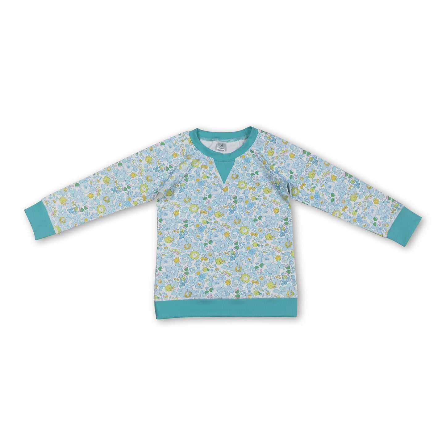 small cyan flowers print yoga girl long sleeve top