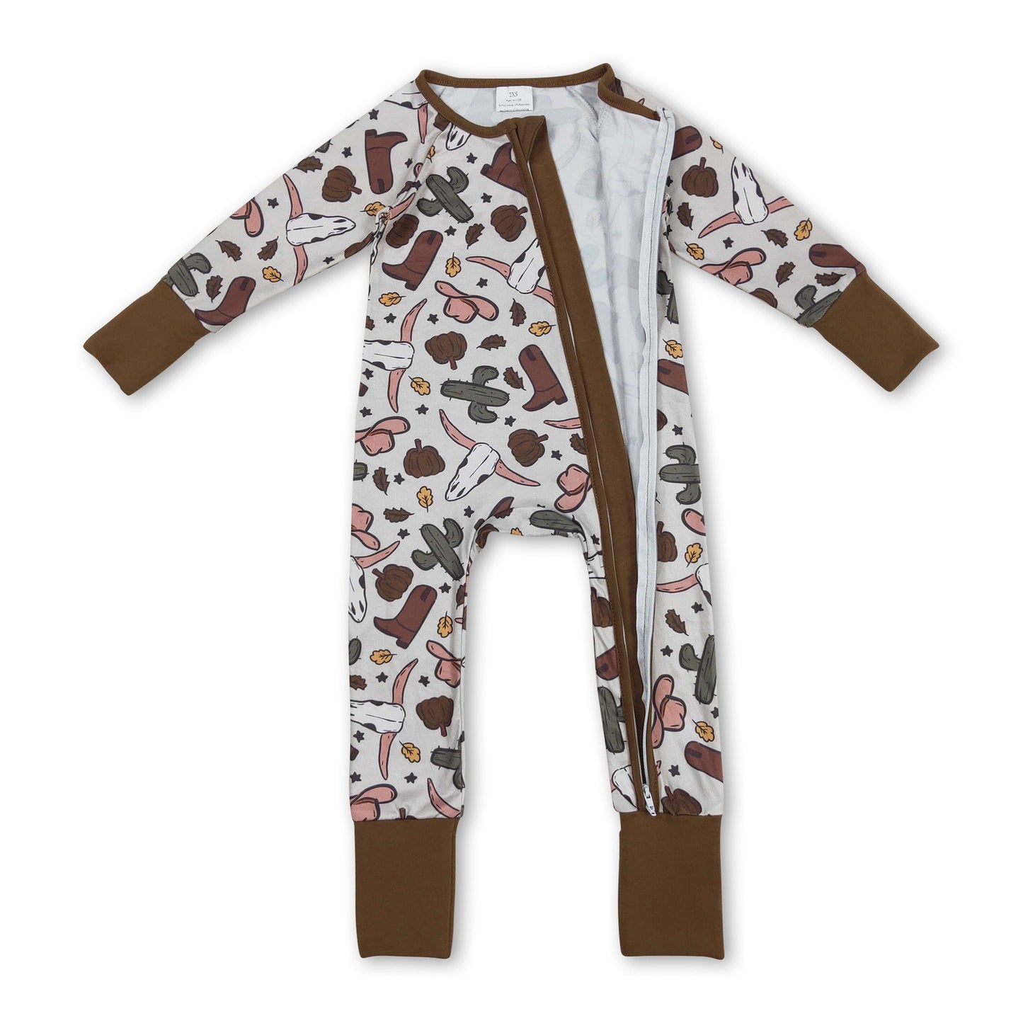 Bull skull cactus pumpkin boy western fall zipper romper