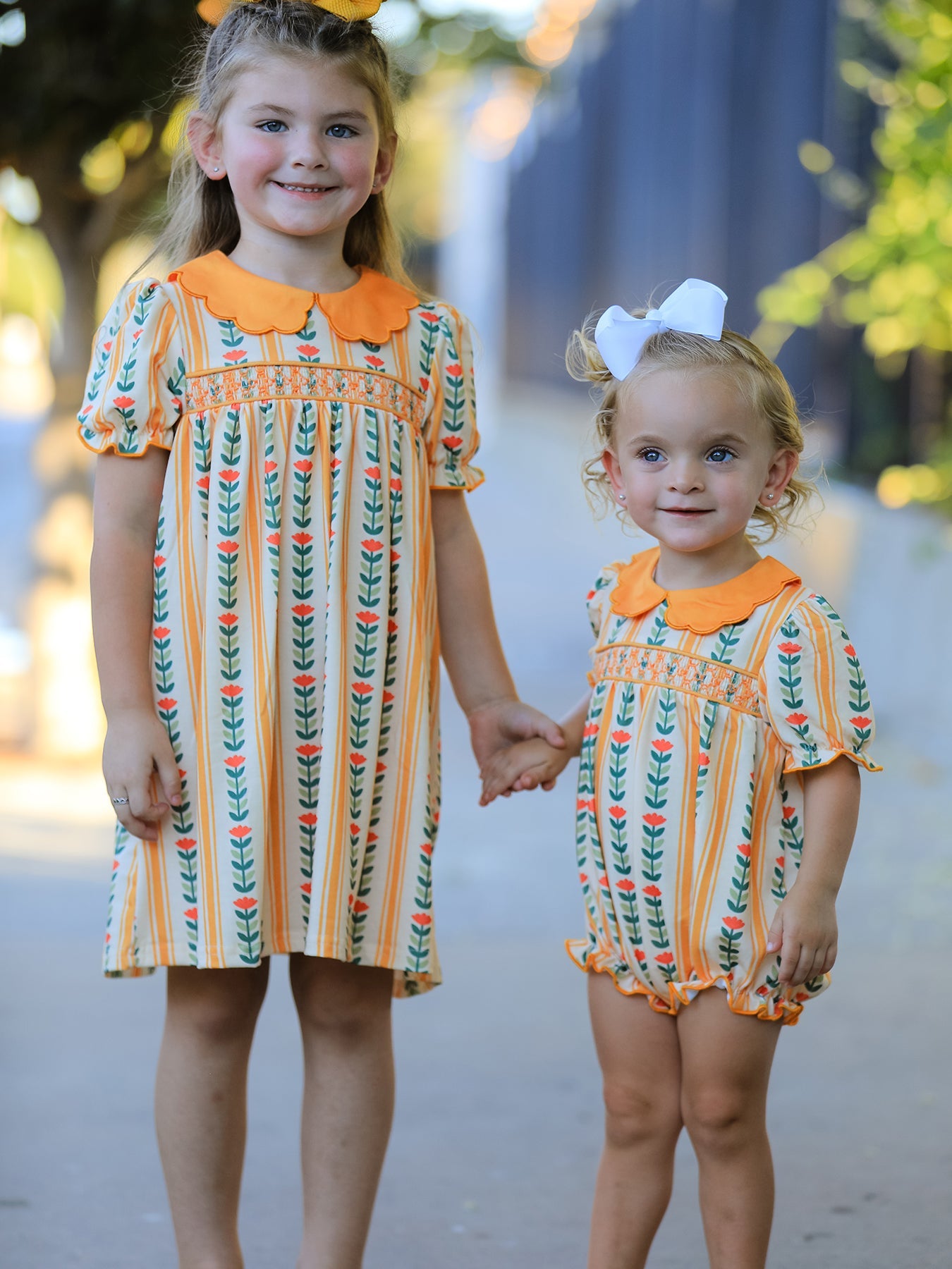 Fall Floral Stripe Baby Girls Romper Petals Collar Smocked