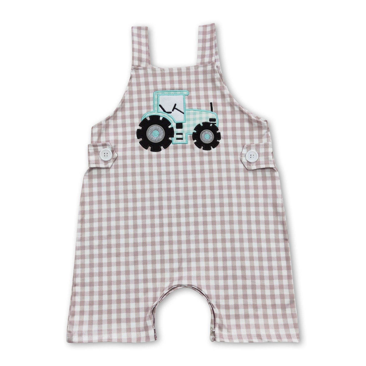 Khaki plaid tractor sleeveless baby boy farm romper
