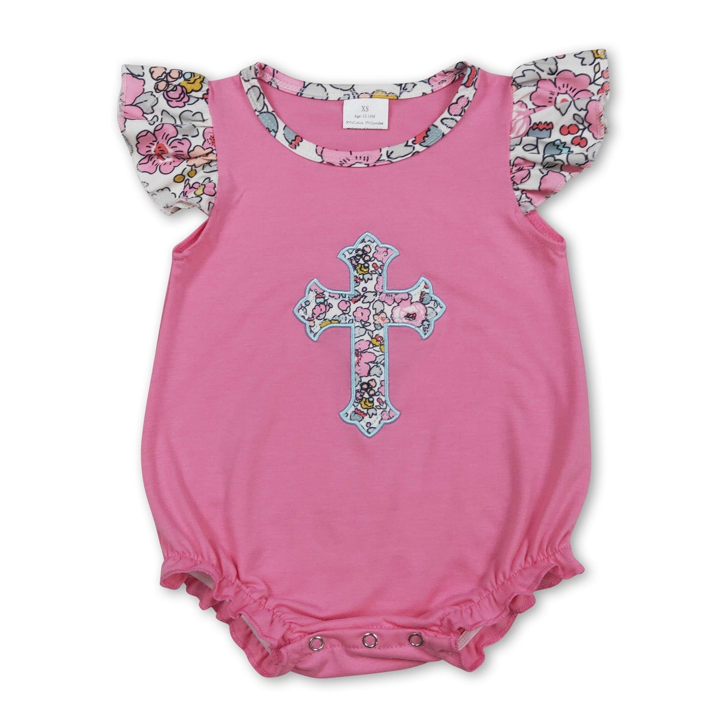 Flutter sleeves floral cross embroidery baby Easter romper