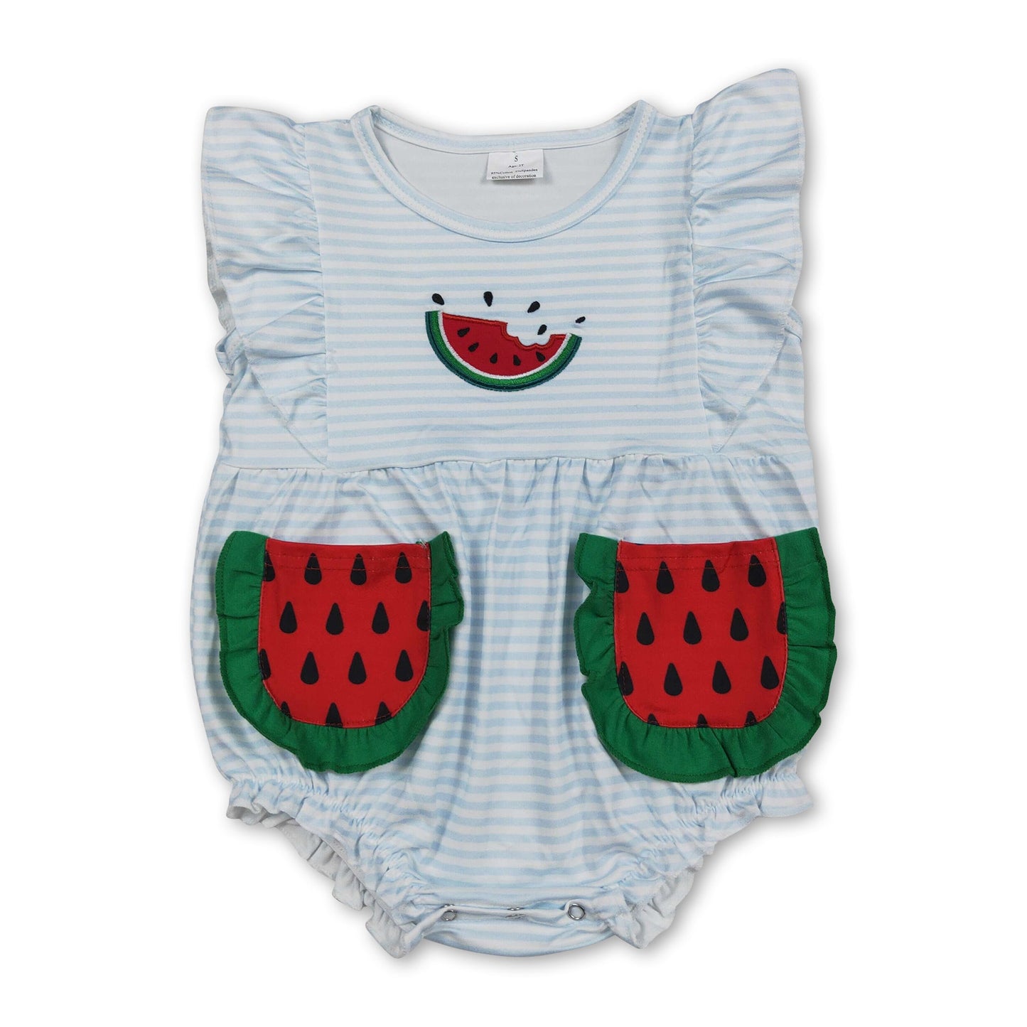 Flutter sleeves watermelon embroidery girls summer romper