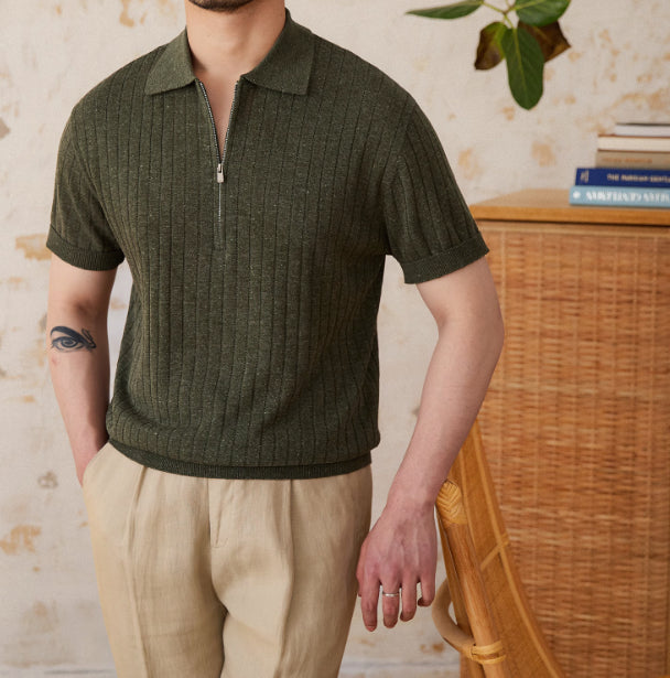 Linen Blend Lapel Zipper Sunken Stripe Short Sleeve